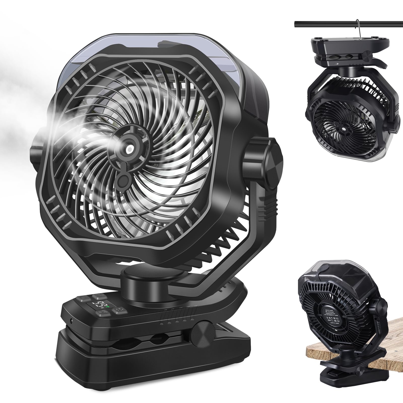Portable Rechargeable Misting Fan with 12oz Mist, Battery Life Display, Remote, Timer, Light, 5 Speeds, 9-Inch, 10000mAh 60H Battery Powered Clip Fan for Stroller, Travel, Outdoor, Poweroutage