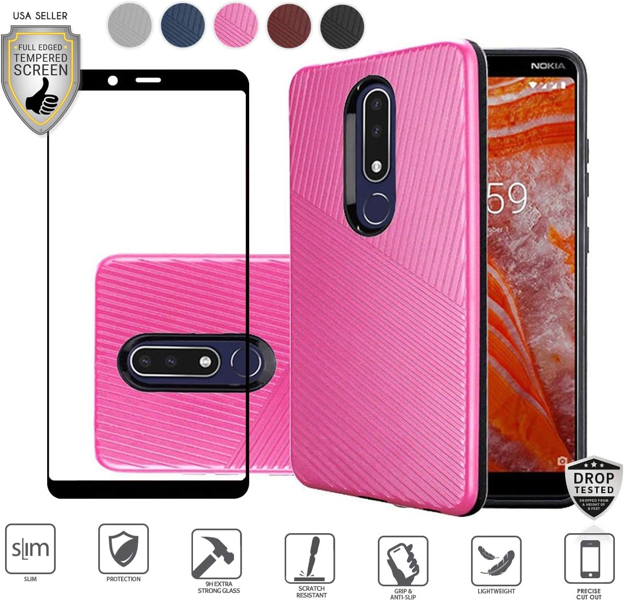 Compatible for Nokia 3.1 Plus Case (Plus Version Only) with Full Edged Tempered Glass Screen Protector, Premium Tough Armor Shield Hybrid [Shockproof] Textured Lined Design Dual Layer Case (Hot Pink)