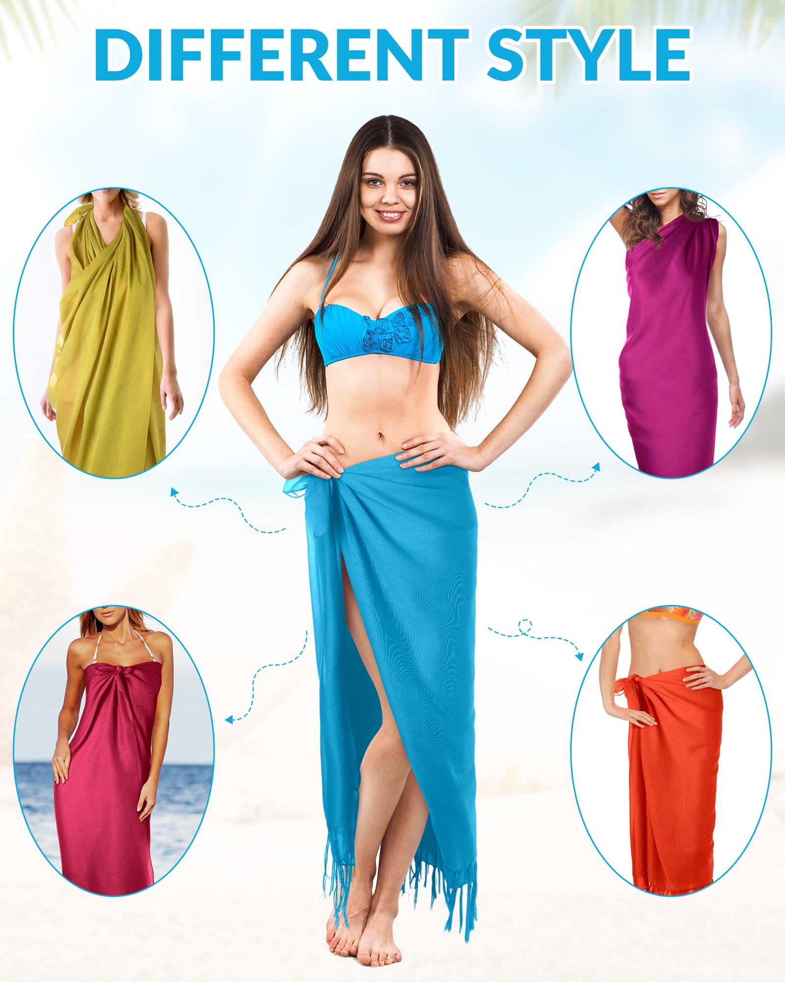 Hercicy 6 Stück Frauen Strand Lange Sarong Wrap Coverups Batik Wrap Pareo mit Quaste für Frauen Sarong für Strand