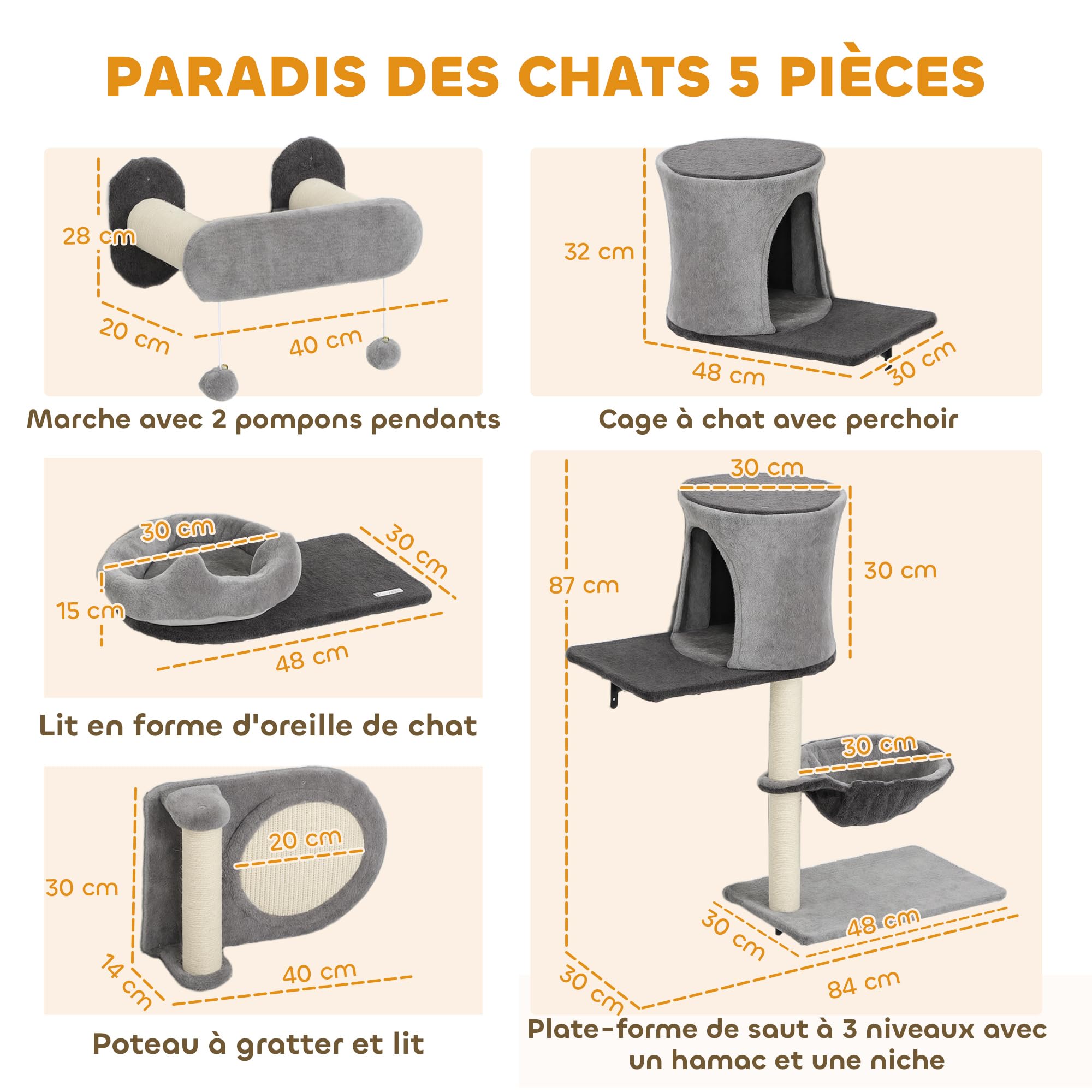 PawHut Scaffali a muro per gatti, 5 pezzi, set di mobili, albero a muro per gatti, con 2 nicchie, amaca, piattaforme, tiragraffi in sisal per gattini da interno fino a 5 kg, grigio