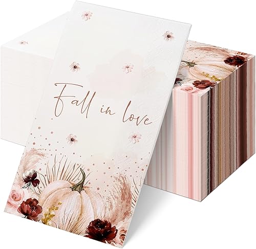 100 servilletas de papel de enamoramiento, servilletas decorativas de boda, toallas de mano de papel desechables con calabaza floral para otoño,