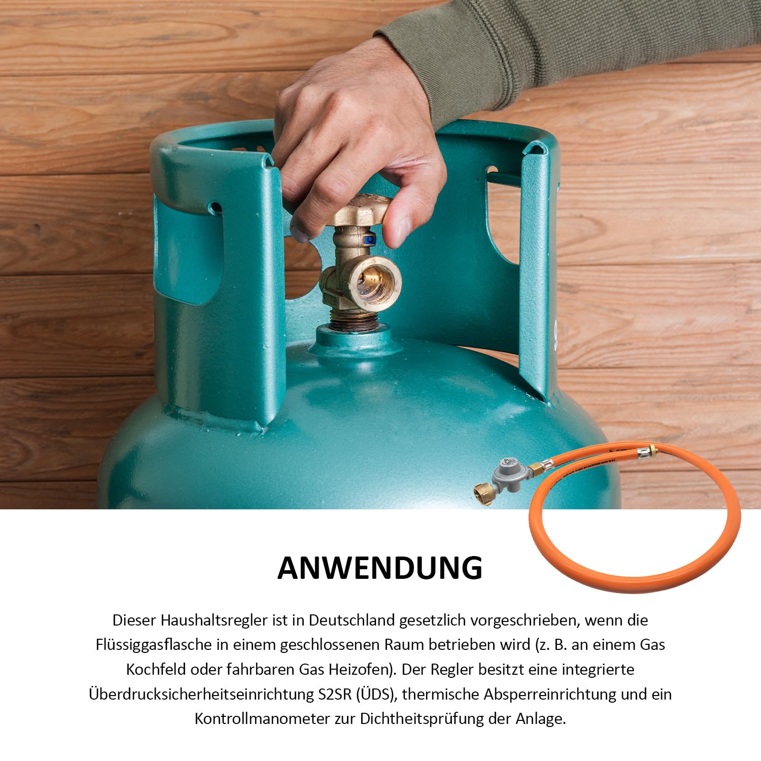 Adapter-Schlauch mit Gasregler, zum Anschließen von Propan Gasflaschen, 3/8'' Links Überwurfmutter x Aussengewinde 7/16'' x 28 UNEF, mit Lecksuchspray und Polybeutel