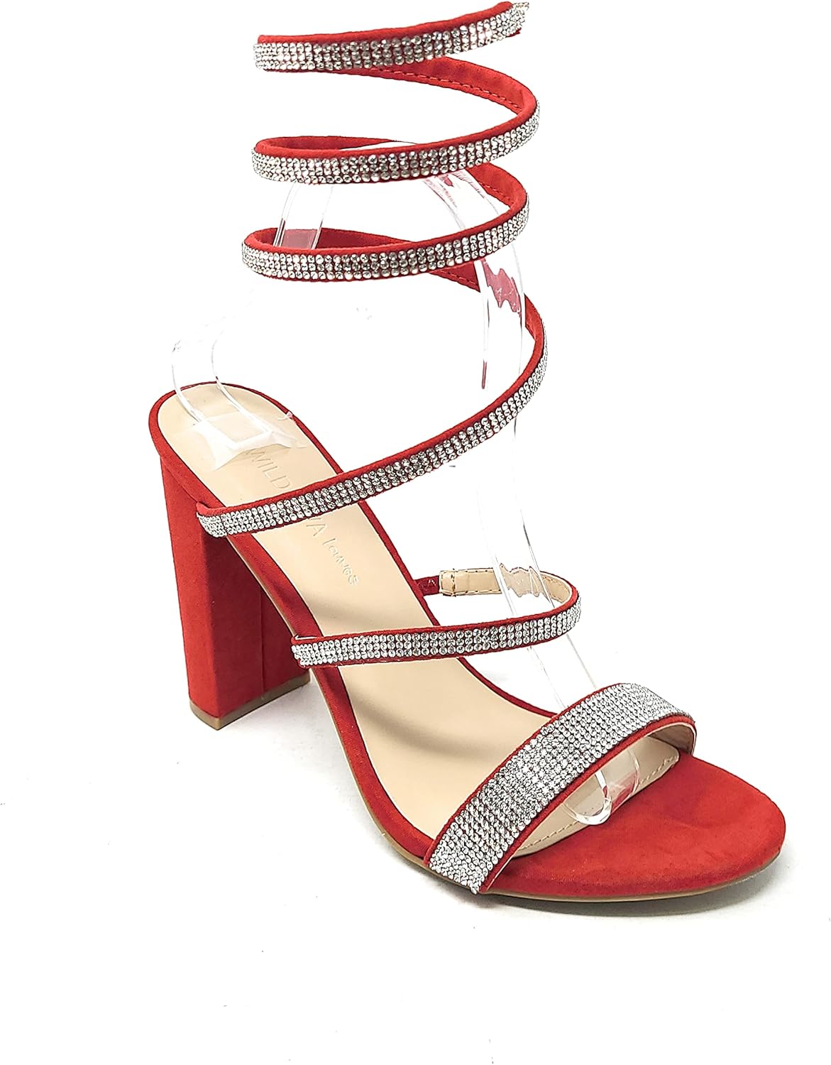 Wild Diva Women's Formal Rhinestone Coil Spiral Ankle Wrap Strap High Chunky Block Heels Morris-567 (Red VS, us_Footwear_Size_System, Adult, Women, Numeric, Medium, Numeric_8)