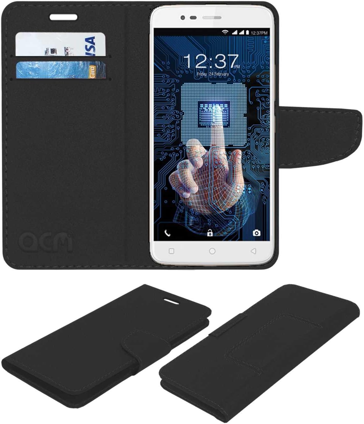 ACM Mobile Leather Flip Flap Wallet Case Compatible with Intex Elyt Dual Mobile Cover Black