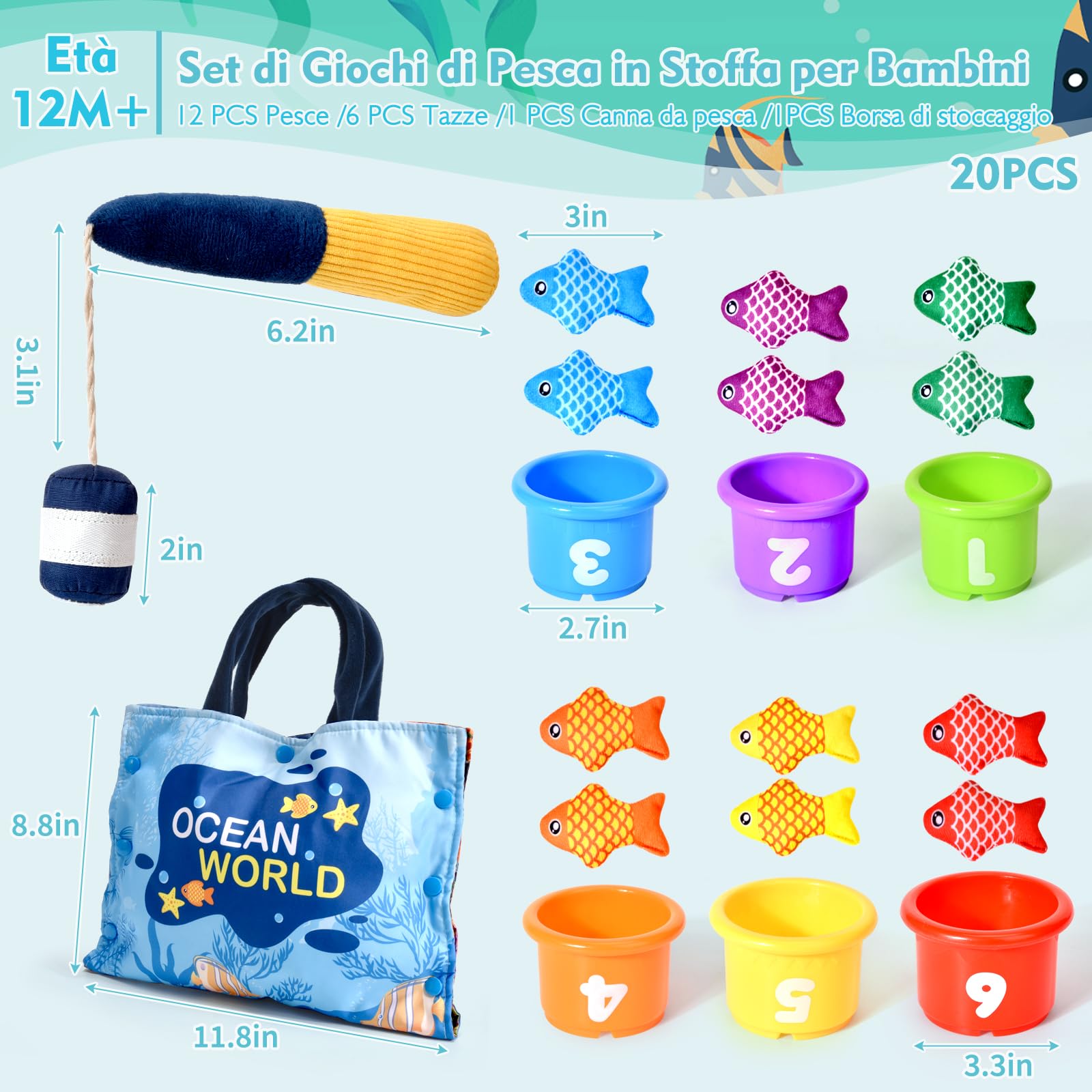 Yitical Giochi Bambini 1 Anno 2 Anni, 20PCS Montessori Gioco Pesca Morbidi, Regalo Bambino 6 12 18 Mesi, Interattivi Educativo Giocattoli Bambino