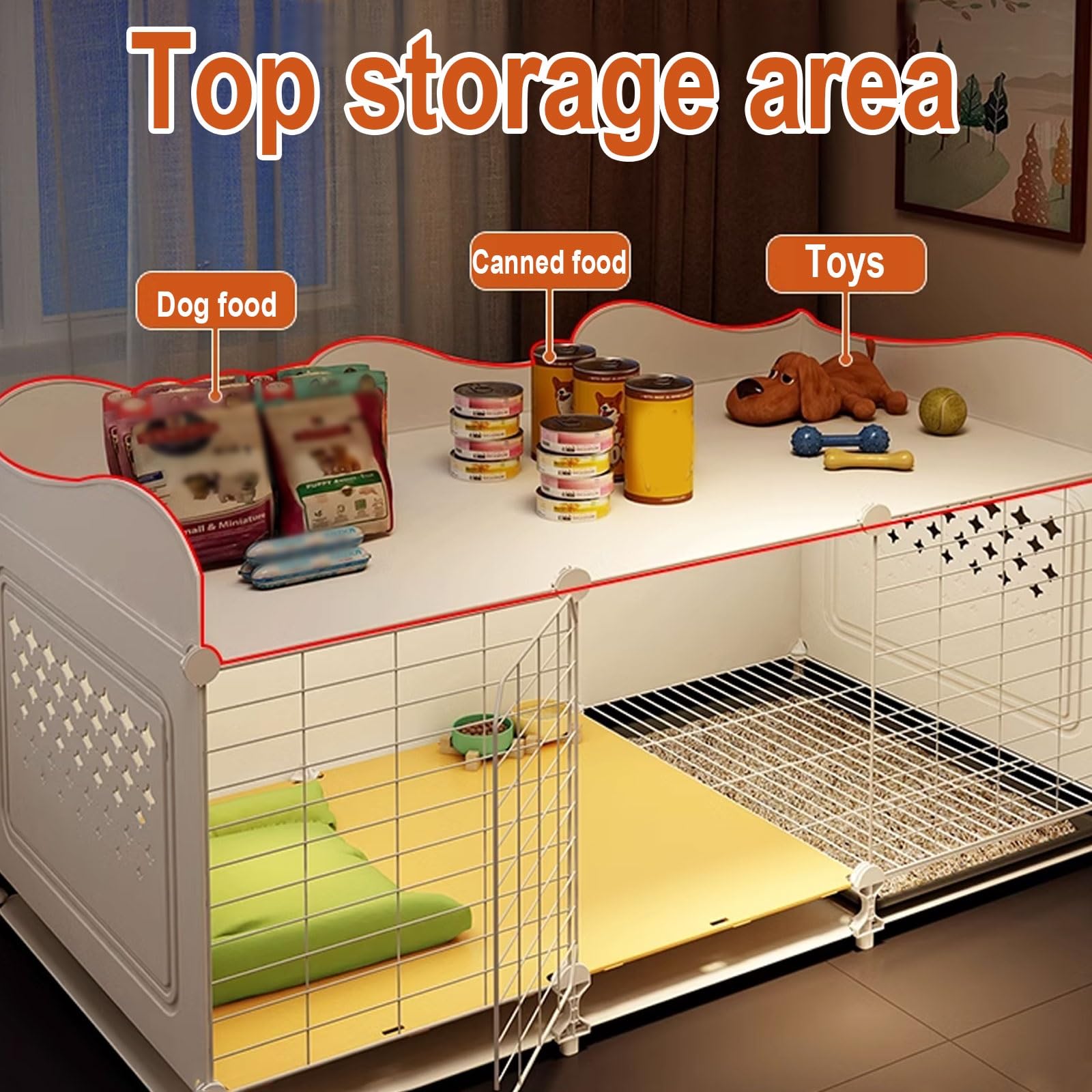 Jaula-Valla para Perros en Casa 70-105x45x61cm | con Puerta Bloqueable, Almacenamiento Superior + Zona Sanitaria | Instalación Sin Taladro, Estructura PP y Hierro(105 * 45 * 61CM)