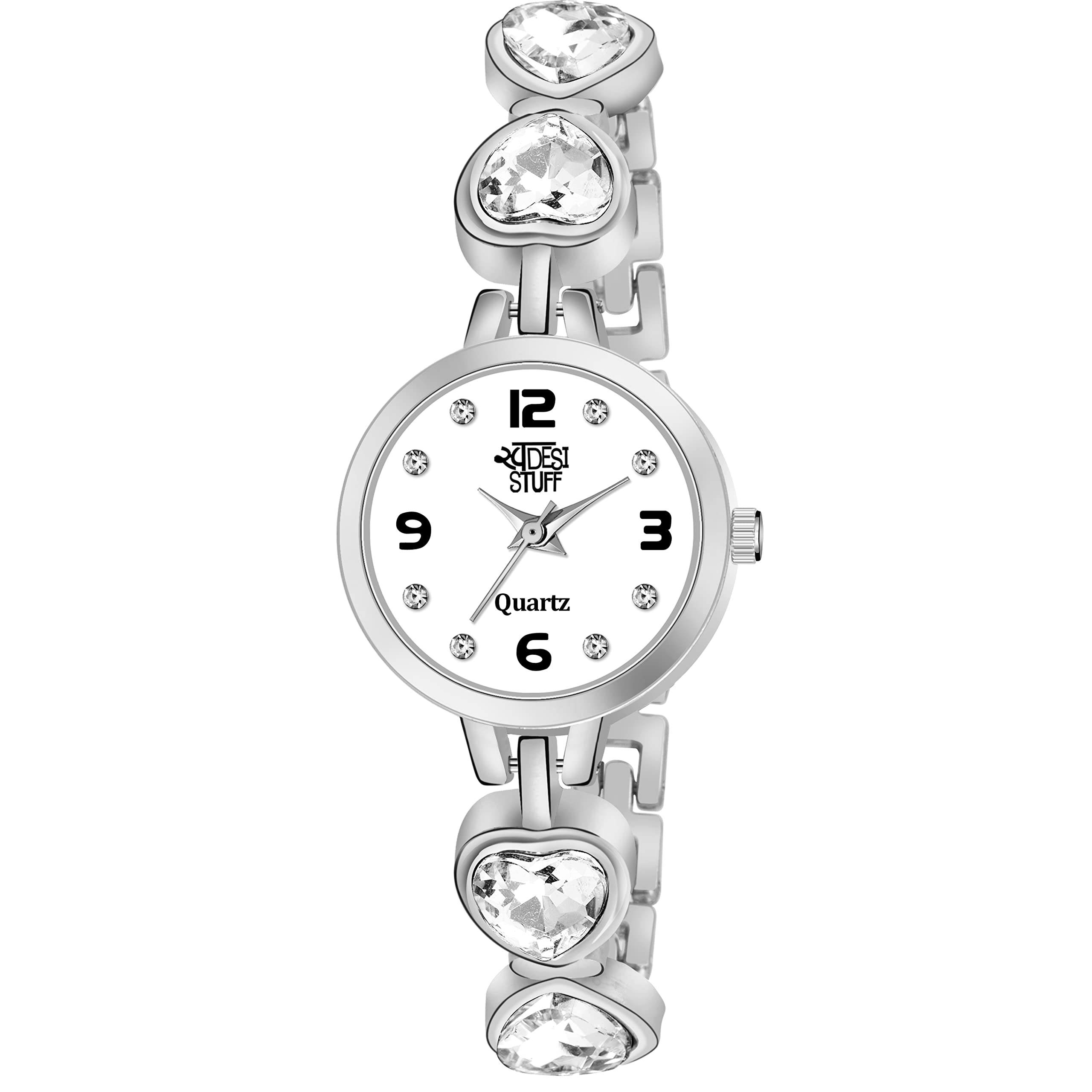 SWADESI STUFF White Dial Heart Link Studded Silver Analog Watch For Girls And Women - Stainless Steel (B0B58QYV8X) Amazon Price History, Amazon Price Tracker
