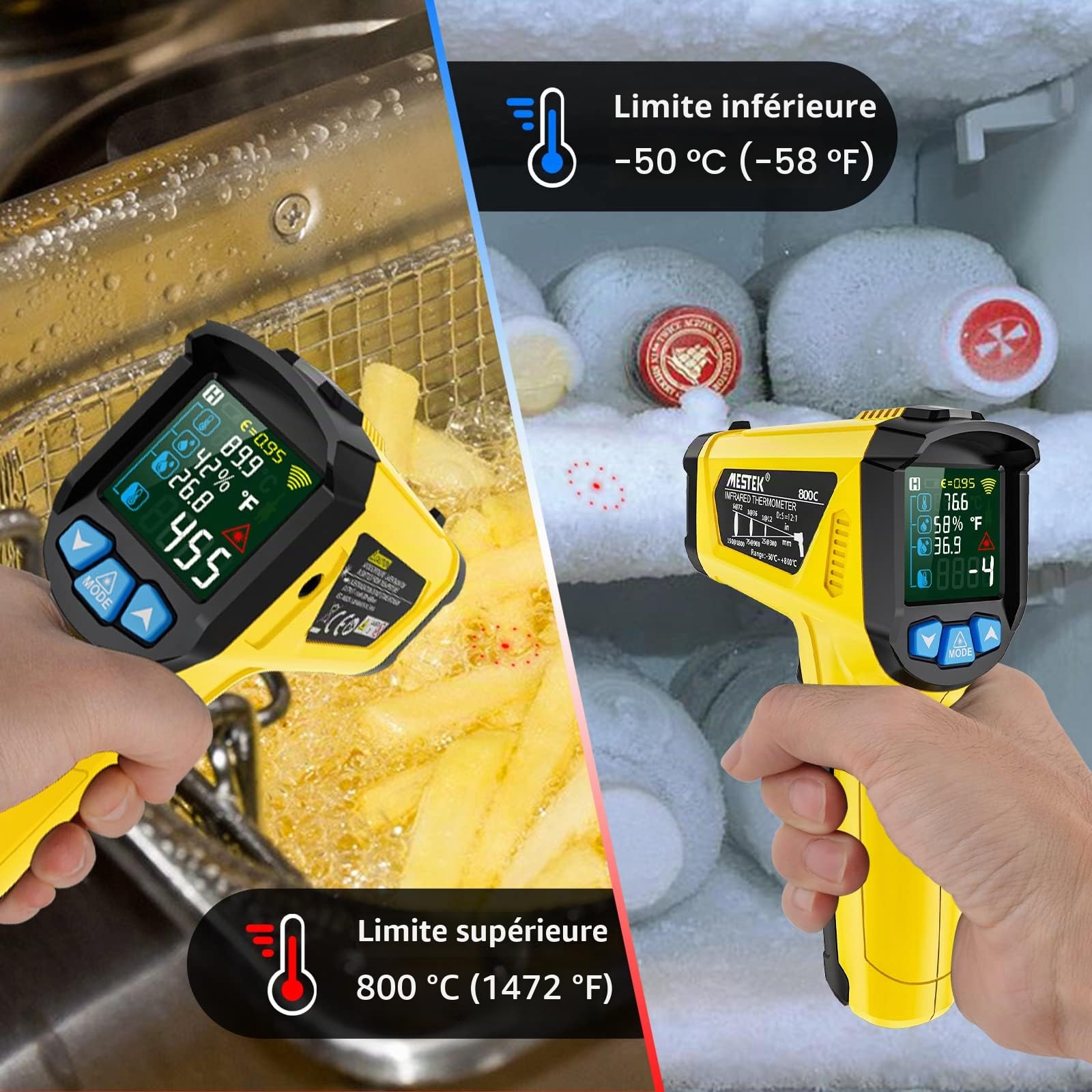 Thermomètre Infrarouge Laser MESTEK et Sonde Pistolet IR Temperature Sans Contact LCD -50°C~800°C Réglable Alarme d'émissivité Point de Rosée Cuisine Barbecue Congélateur Aliments industriel