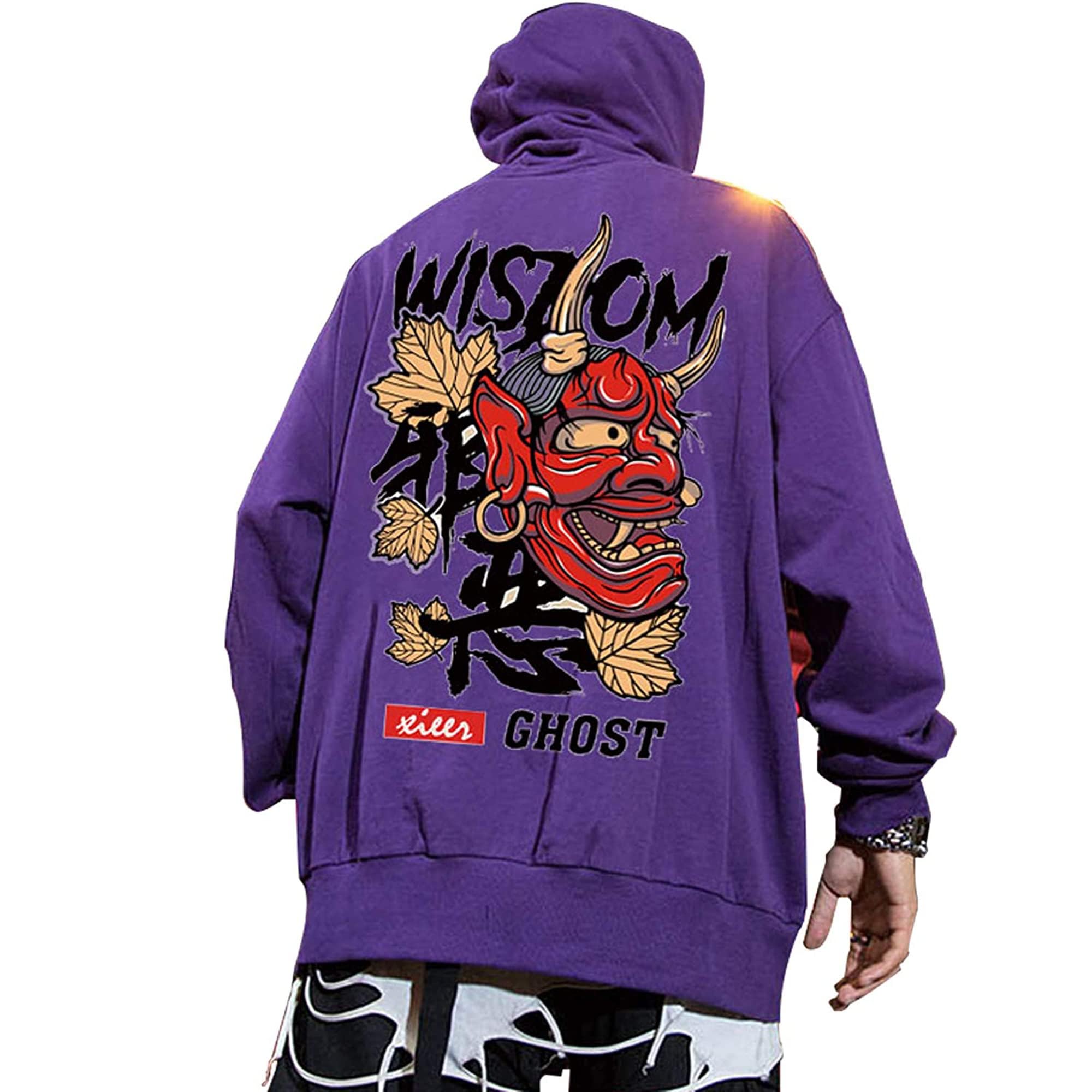 XYXIONGMAO Felpe con Cappuccio Grafica per Uomo con Cappuccio Giapponese Streetwear Oversize Nero Bianco Fantasma Hip-Hop Buono e Male, Viola, 2XL