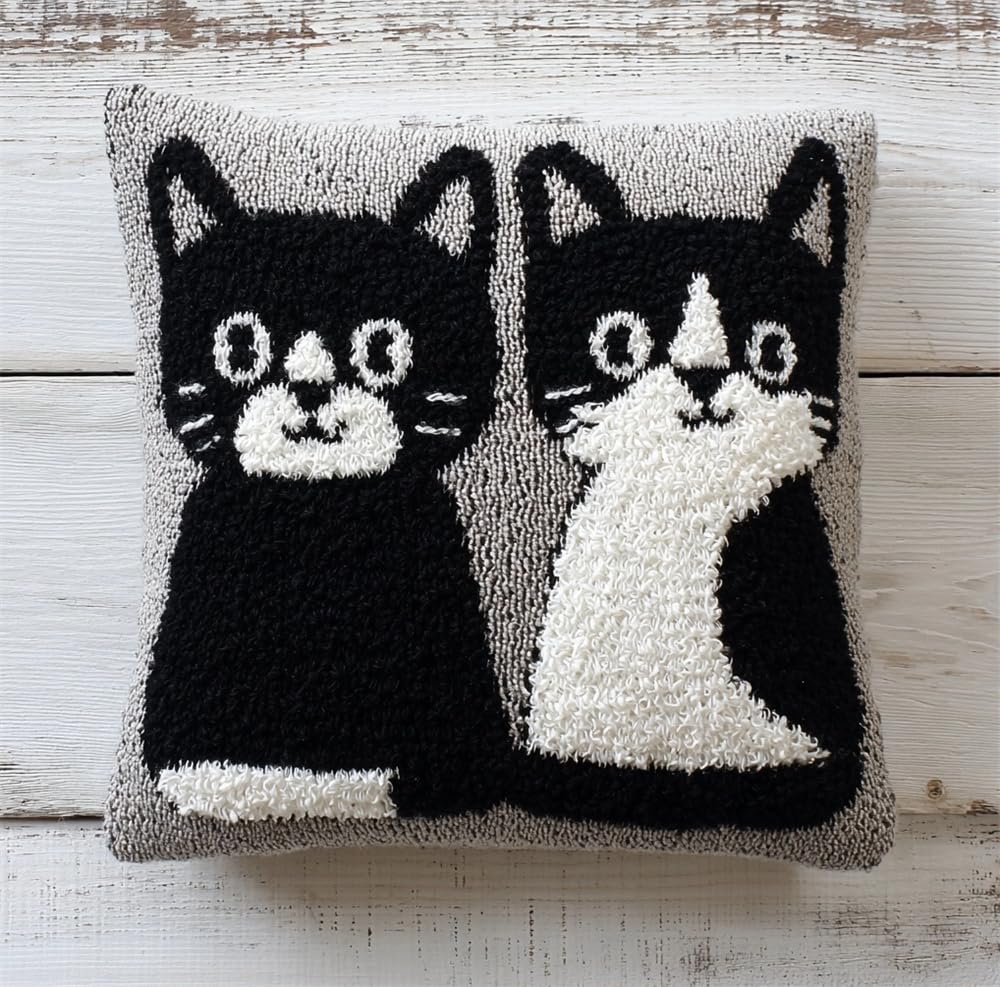 Kitphoenix Two Black And White Cats Latch Hook Cushion Kits For Adults