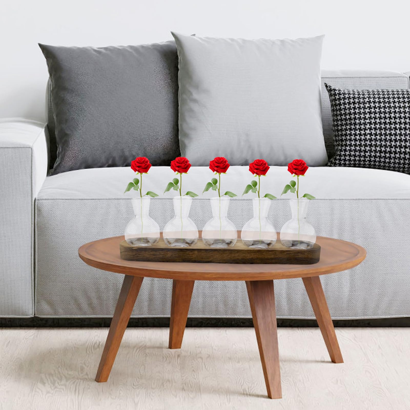 Stations de Propagation de Plantes avec Support en Bois, Lot de 5 Pots de Fleurs en Verre, Terrarium en Verre pour Plantes hydroponiques, Cadeau de Maman pour la Maison et Le Bureau