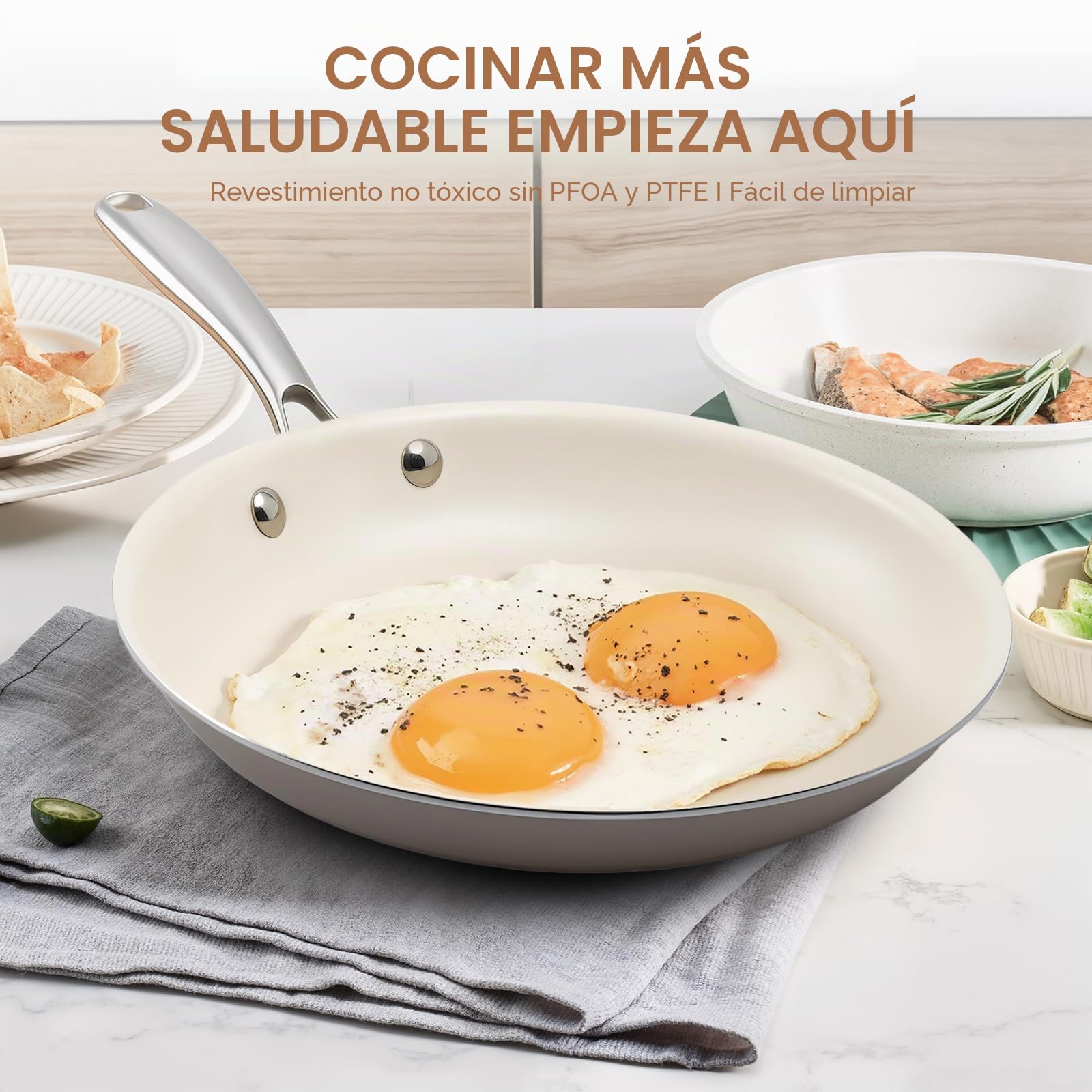 24 cm y 28 cm cerámica antiadherente sartén Skillet - PFAS-libre, no tóxico, horno seguro y inducción listo, utensilios de cocina de aluminio con mango de acero inoxidable