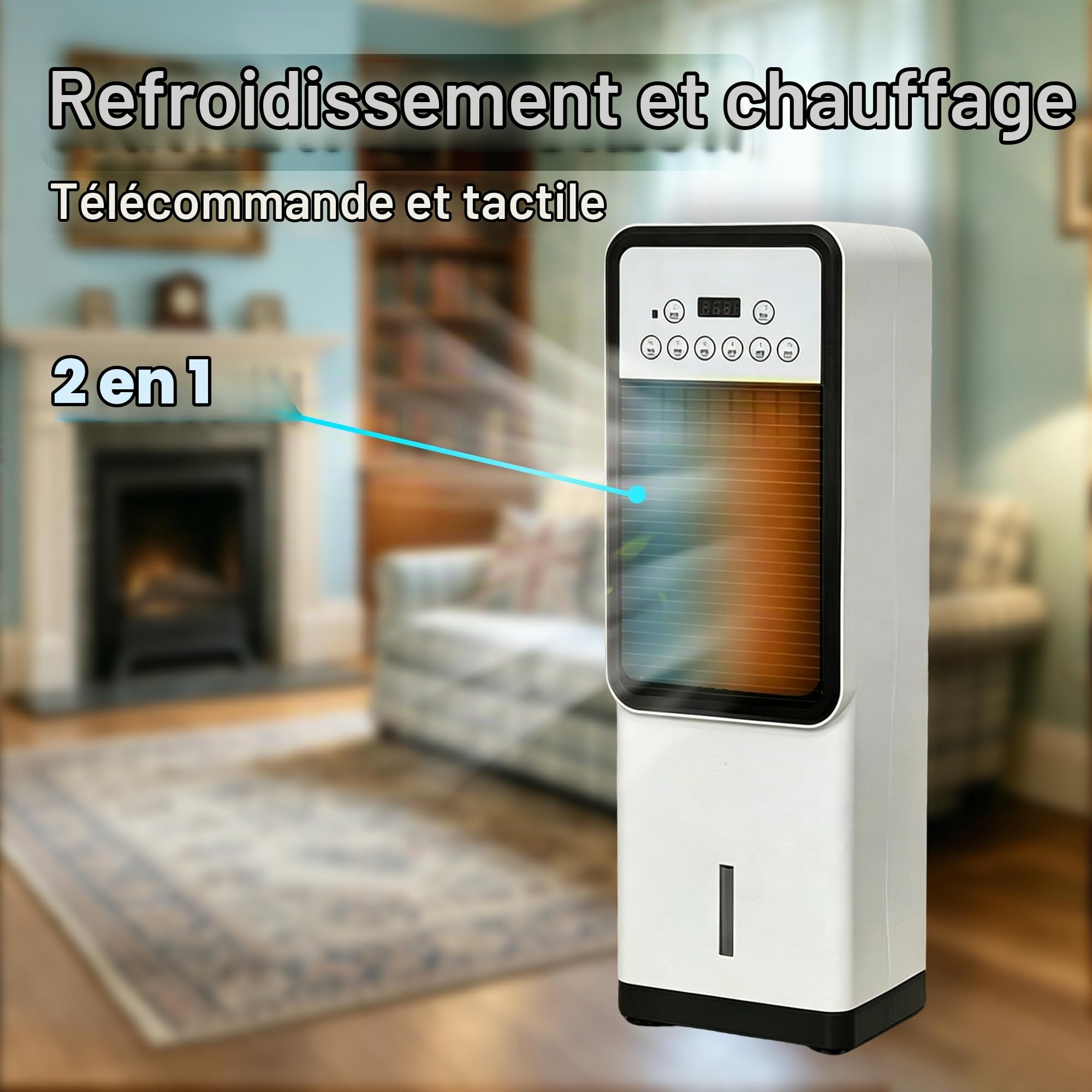 MOZIMO Ventilateur avec refroidissement et chauffage, appareil mobile sans tuyau d'évacuation avec refroidissement par évaporation, humidification, oscillation, 3 niveaux, minuterie et télécommande