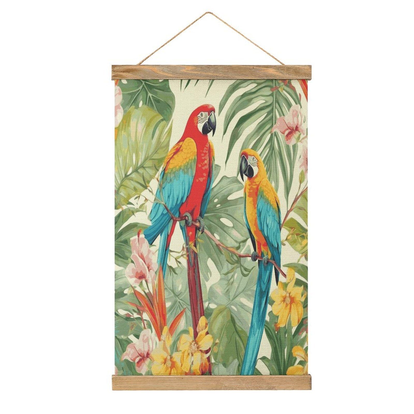 FekiLoot Tropical Plants And Parrots Wall Art Poster Hanger Frame Linen Wall Art Decor Vintage Hanging Poster Hanging Wall Decor Rustic Retro Wall Art Print for Living Room Decor 20.4 X 13.1Inches