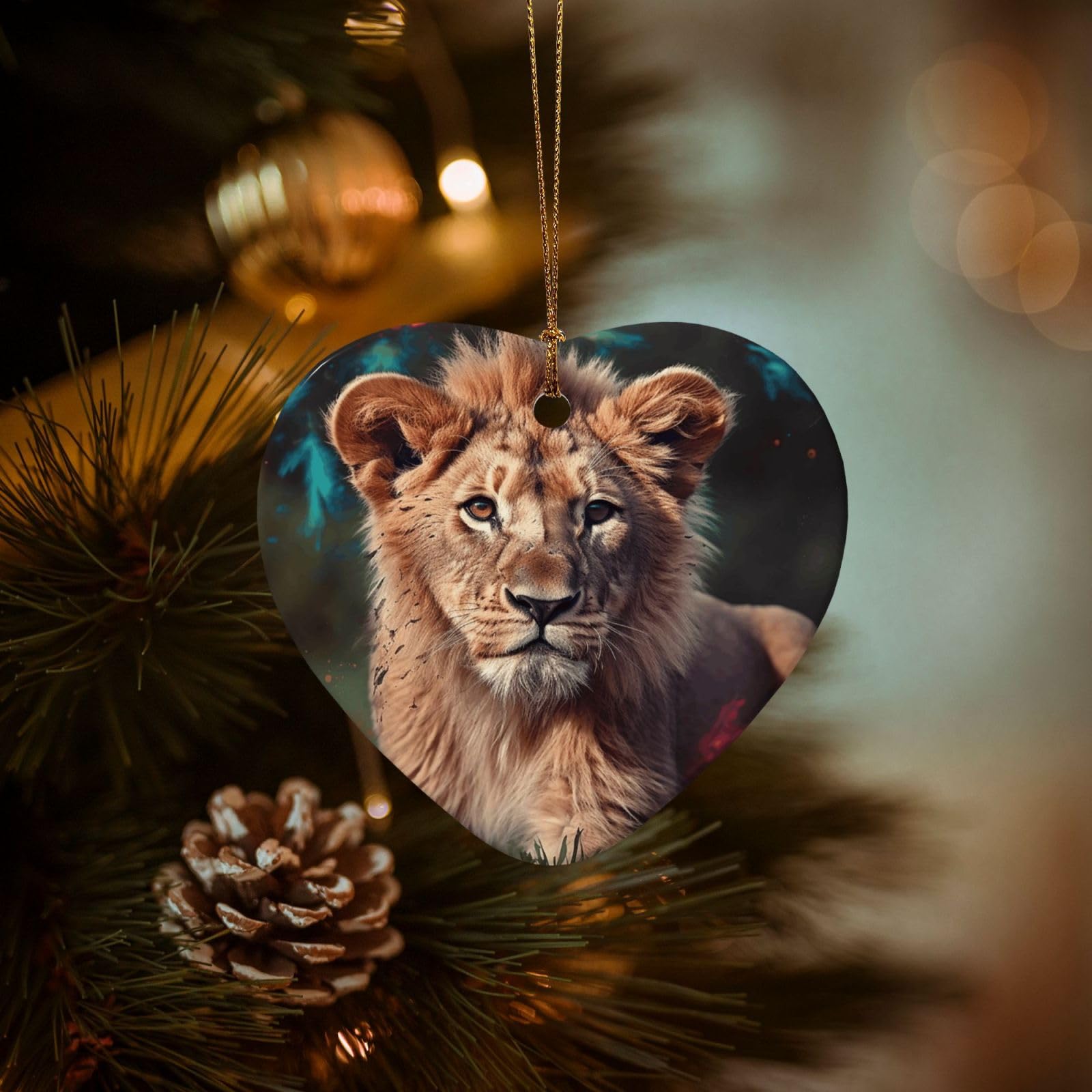 Christmas Ornaments for Christmas Tree Decoration Hanging Art Lion Ornament with Gold Ribbon Crafts Heart Shape Ceramic Pendant for Keepsake Gifts Xmas Decor Party Supplies