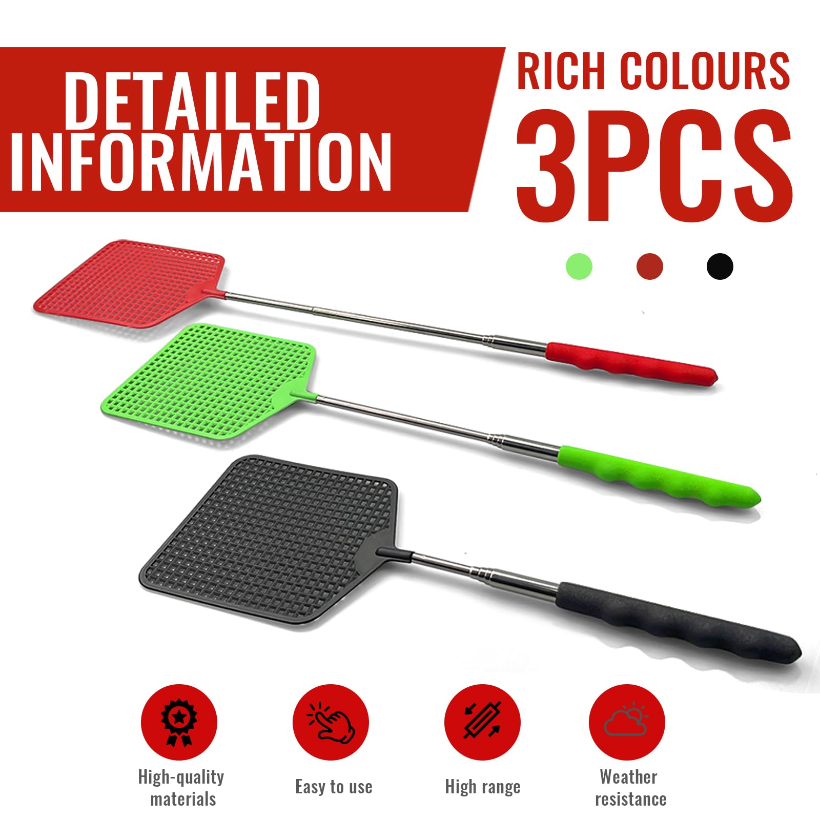 3 Pezzi paletta mosche,Estensibile Colorato Manuale Paletta Mosche,Portatile Scacciamosche Plastica,Paletta Mosche con Manico in Acciaio Inossidabile,per Mosche,Zanzare e Insetti(Negro,Verde,Rosso)