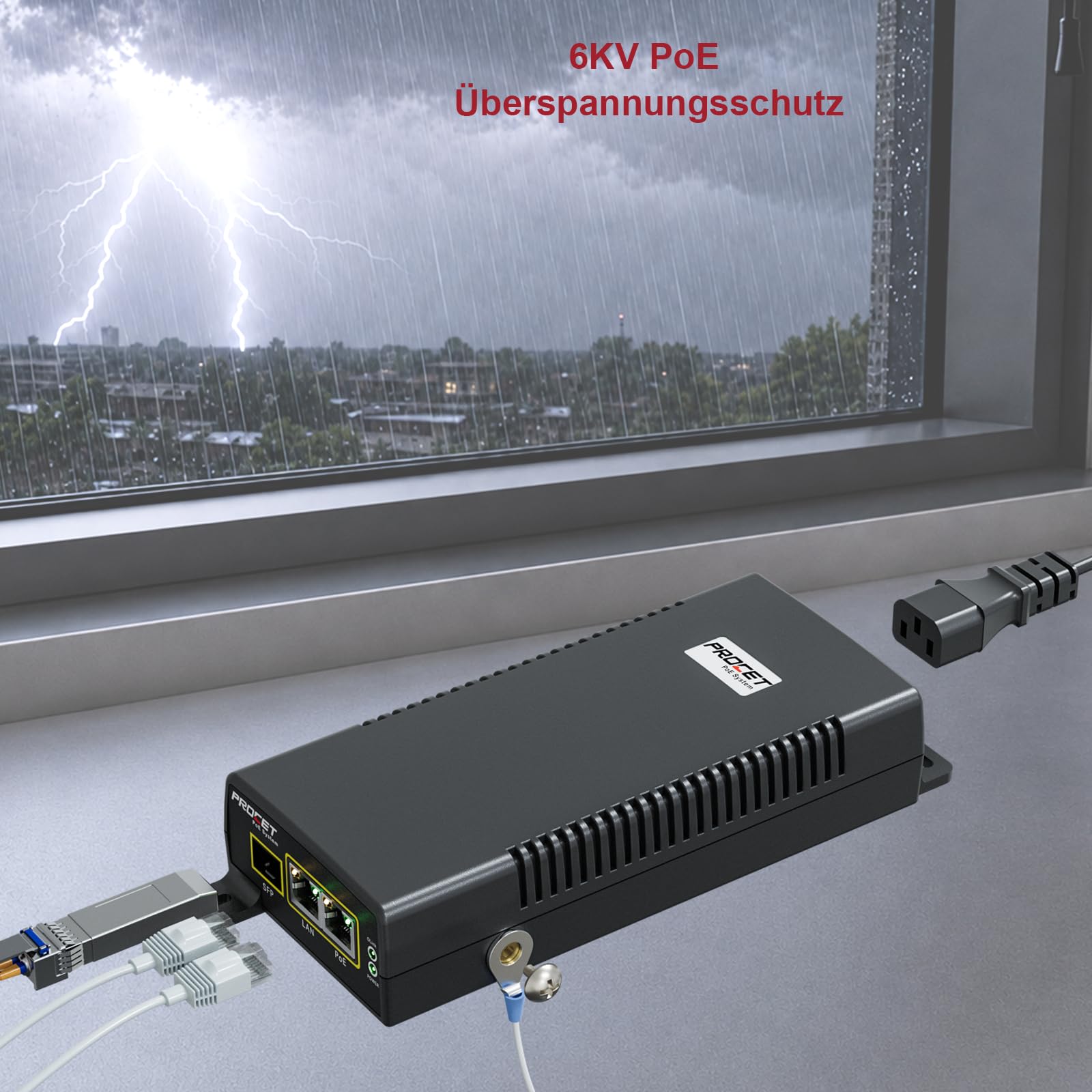 PROCET PoE-Injektor SFP Gigabit PoE++ 60 W, -40 °C bis 55 °C, für PTZ-KI-Kameras, Cisco-/UniFi-WLAN-Access-Points, Small Cells, Smart Factories und kommerzielle Kiosk-Displays
