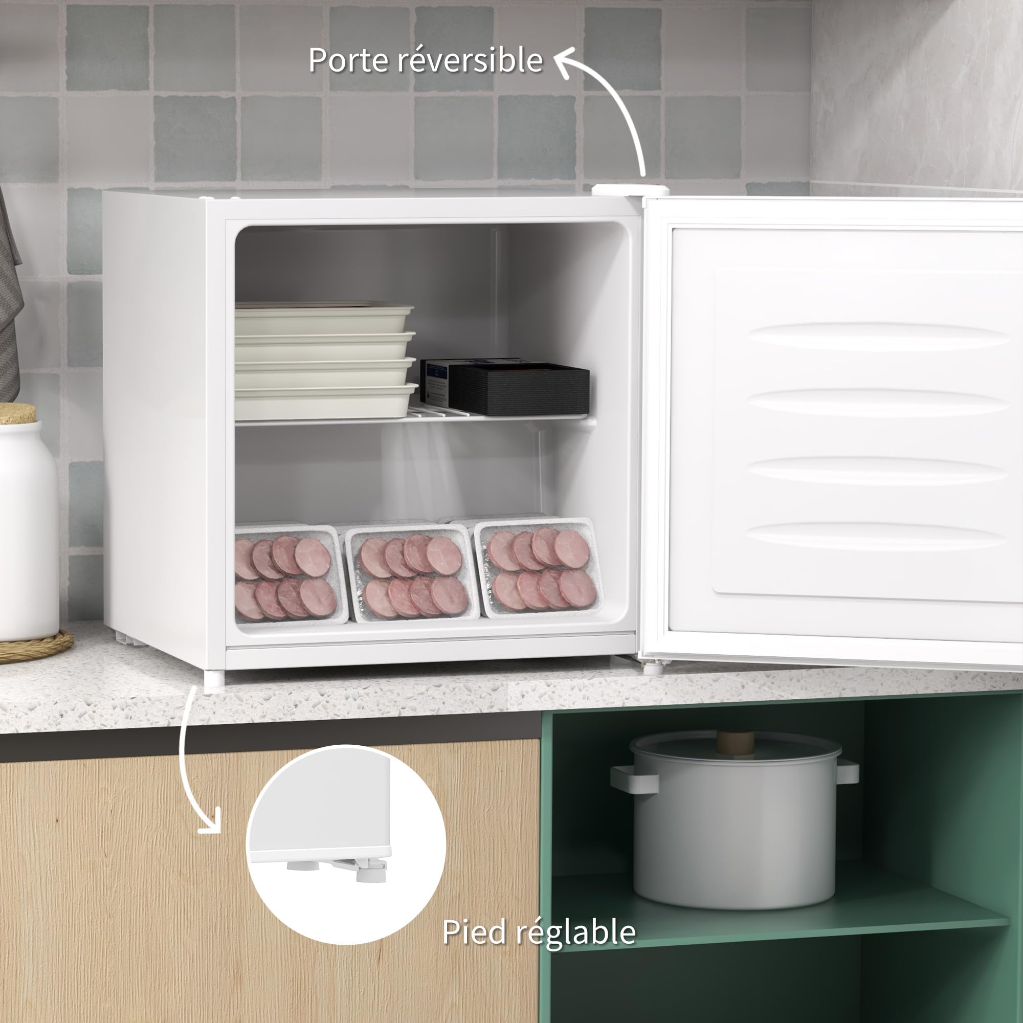 HOMCOM Mini congélateur 35L -14 à -24°C Compact étagère amovible Porte réversible Classe E 47x44,2x48,8 cm Blanc