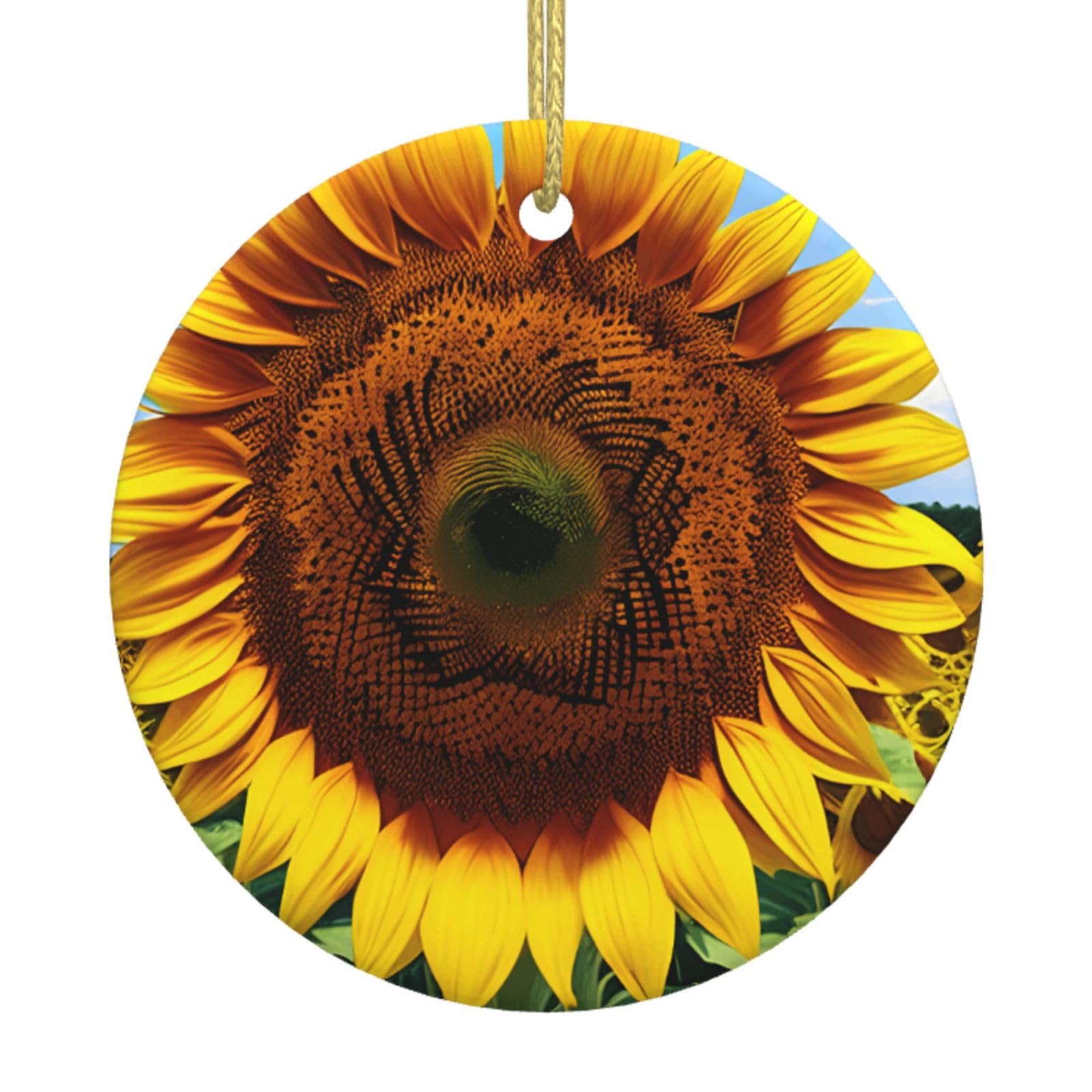 Sunflower Pattern Print Christmas Ornaments, Ceramic Hanging Ornament, Round Shape Decorations
