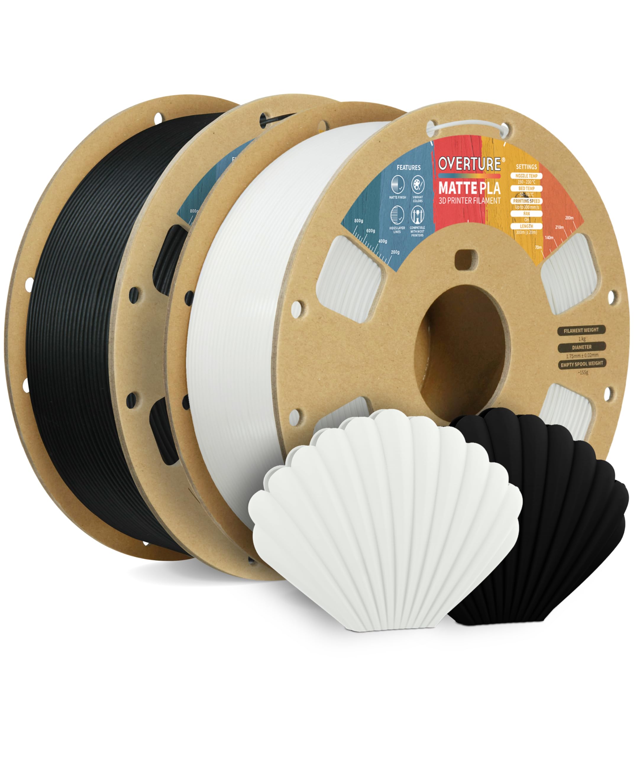 OVERTURE Filamento Matte PLA 1.75mm, 2kg Bobina (4.4lbs) Opaco PLA Filamenti per Stampante 3D, Neatly Wound Filamento Precisione Dimensionale +/- 0.02 mm,Matte Nero 1kg+Bianco 1kg