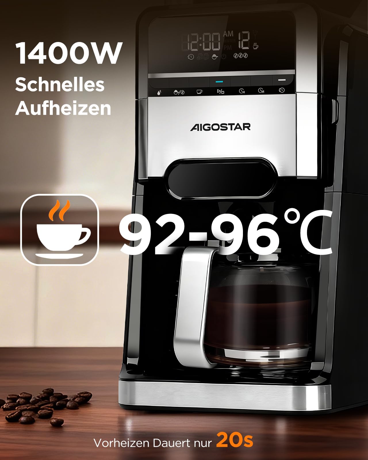 Aigostar Kaffeemaschine mit Mahlwerk, 7 Mahlgrade, 3 Aroma-Stufen, Schwarz