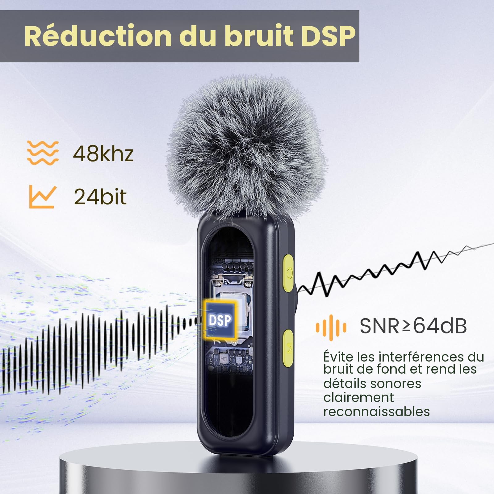 Microphone cravate sans fil avec affichage numérique de la batterie 360° omnidirectionnel suppression du bruit portée 30 m Clip rotatif pour iPhone 15/16 Android PC iPad tablette