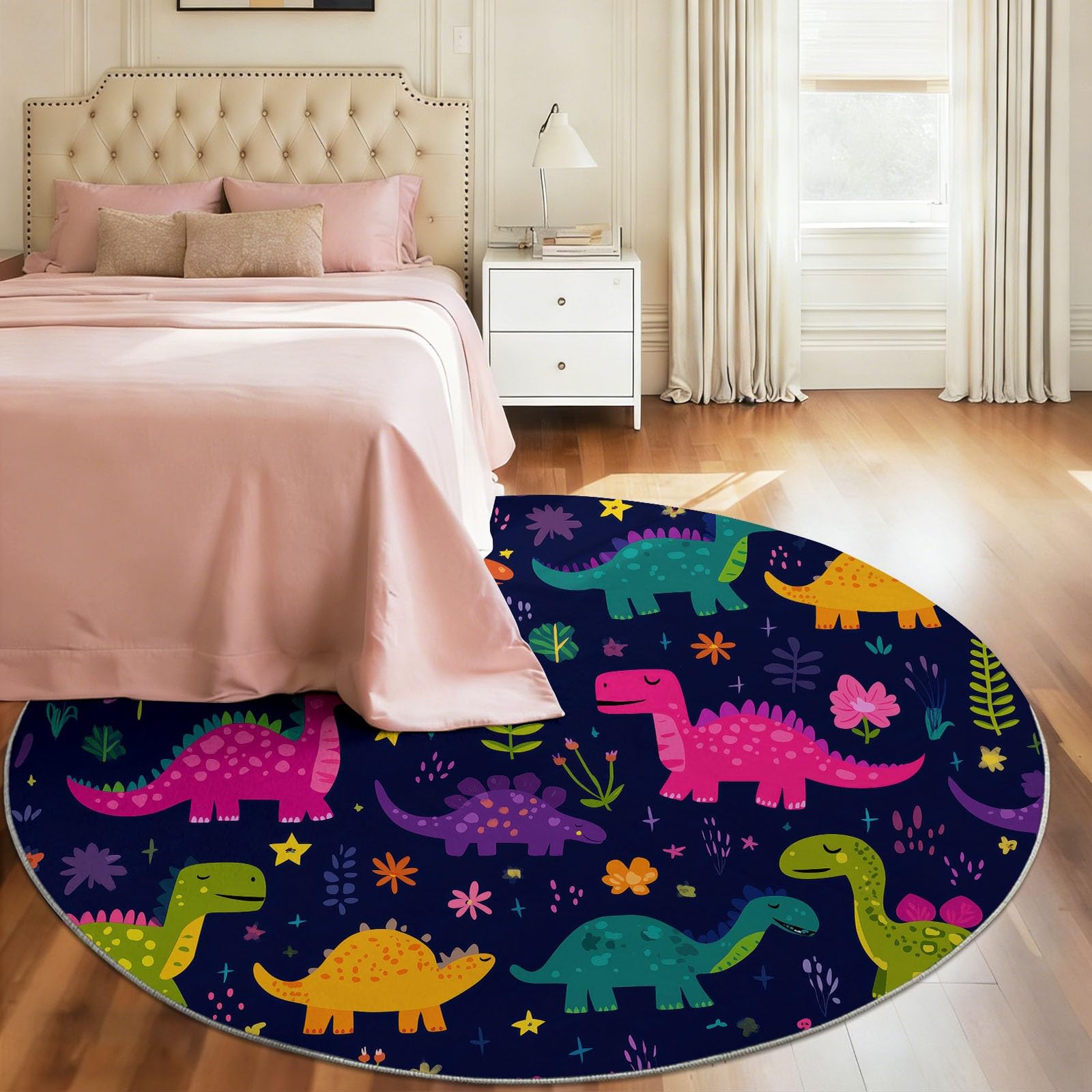 Generisch Okrągły dywan 120 cm, ciemnoniebieski, motyw dinozaurów Kawaii i kwiatów, miękki i nadający się do prania dywan akcentujący, antypoślizgowa mata do sypialni i pokoju dziecięcego