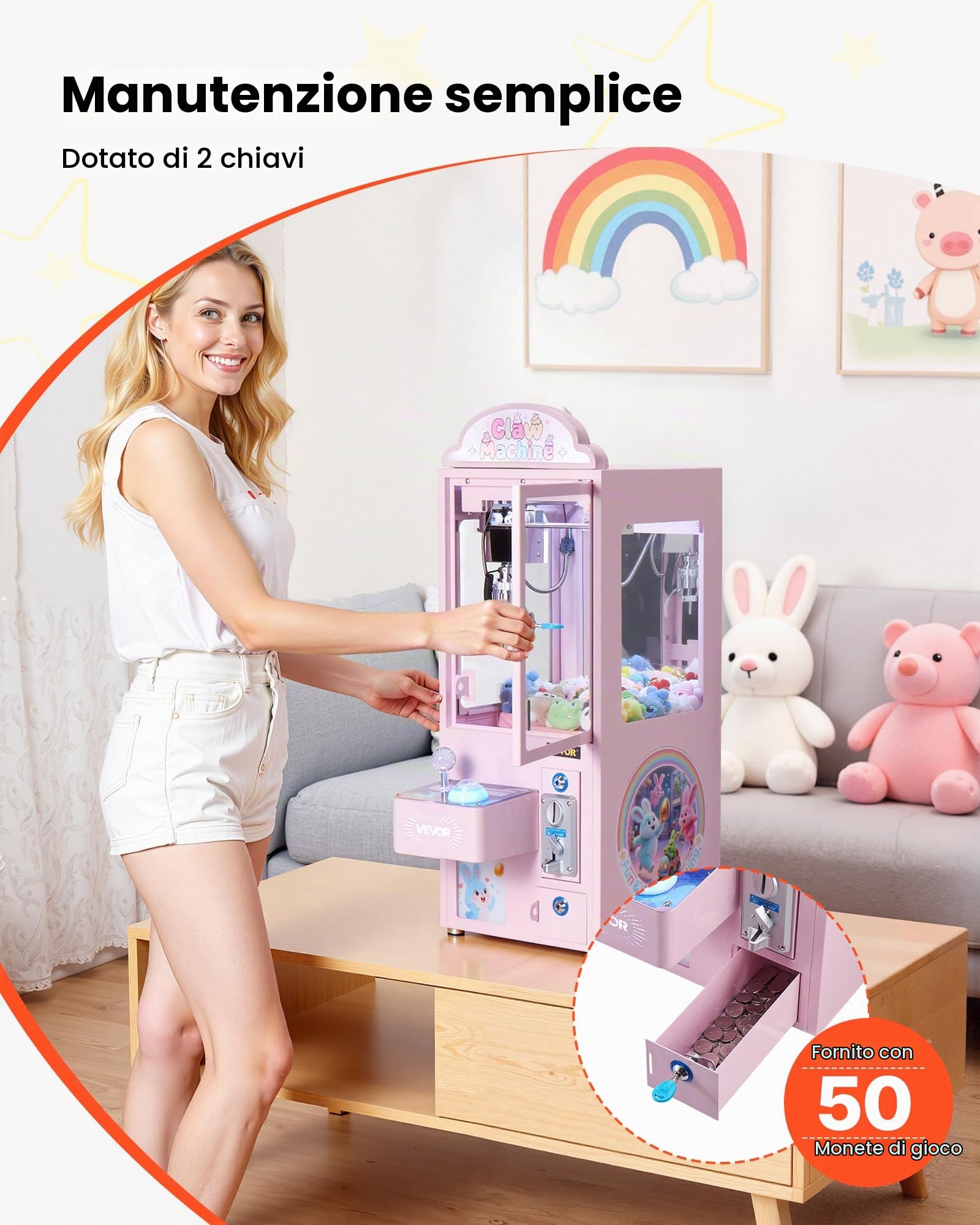 VEVOR Macchina ad Artiglio Giocattolo per Bambini con Luci e Suoni, Artigli in Acciaio Regolabili, Distributore di Premi per Caramelle Giocattolo Preciso, per Feste Commerciali in Casa e Cinema