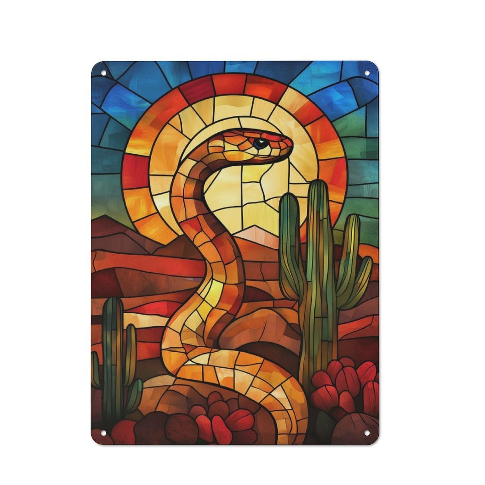 Junmoney Style-1 Desert Snake Stained Glass Tin Sign 40X30cm, Creative Studio Wall Plaque For Hobby Room, Office, Lounge Or Living Room
