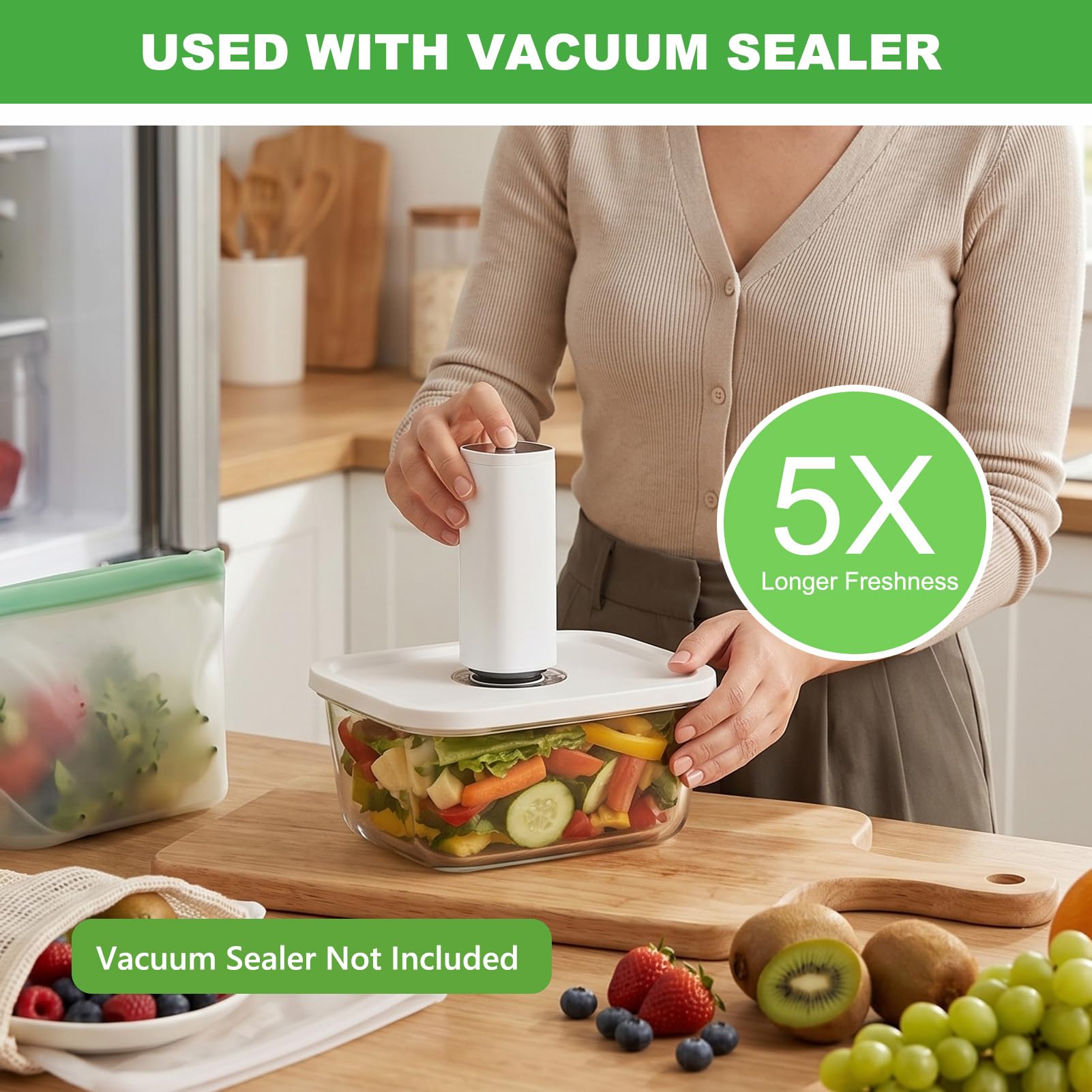 Set di 3 contenitori riutilizzabili ermetici e rettangolari, da 850 ml, 1300 ml e 1800 ml, con coperchi per sottovuoto frutta e verdura in frigorifero