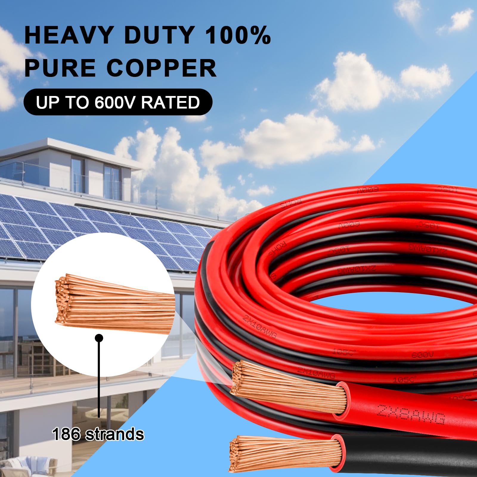 50 Fuß 8 Gauge Kabel, 8/2 AWG reiner Kupferdraht, 2 rote und schwarze Leitungen, geflochtenes Niederspannungskabel für Solarpanel, Automobil, automatisches Audio, LED-Beleuchtung (8 AWG 50)