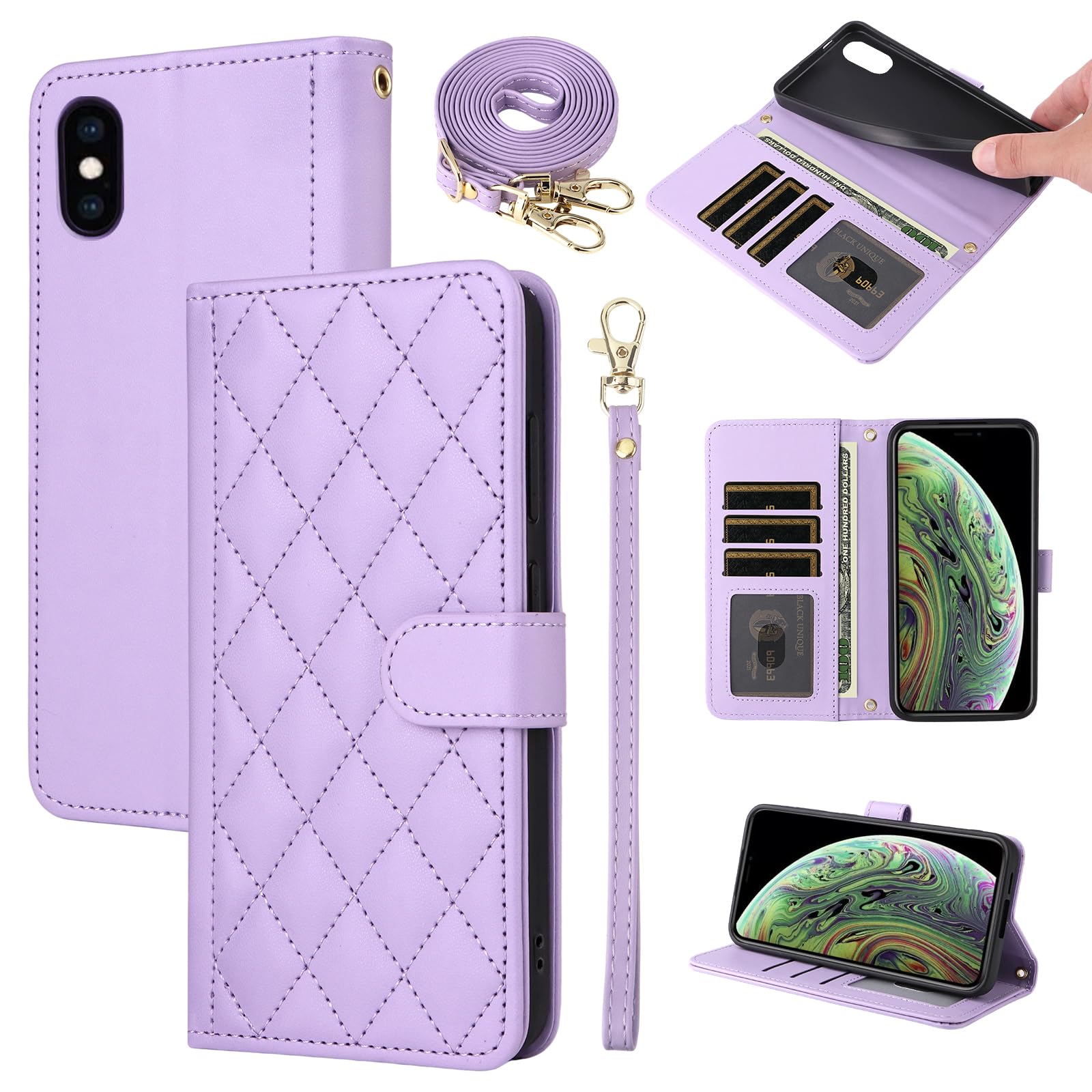 Furiet Wallet Case for iPhone Xs Max with Detachable Wrist Strap Shoulder Strap Multiple Card Slots Folio Purse, PU Leather Stand Phone Cover for i X