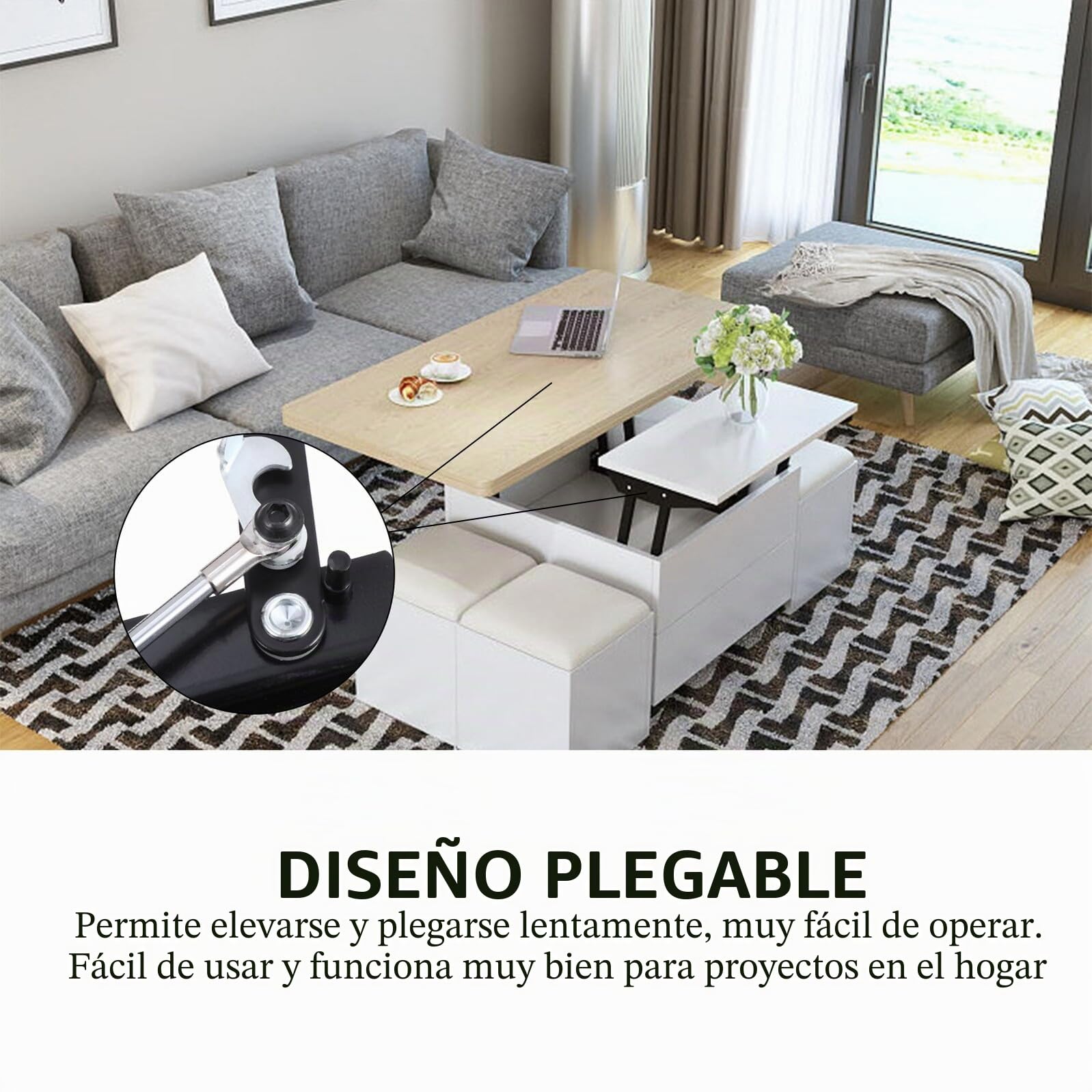 Mecanismo Hidráulico con Bisagra para Mesa Centro Elevable Marco Resistente con Amortiguador de Gas Multifuncional para Muebles Extensibles y Ahorro de Espacio