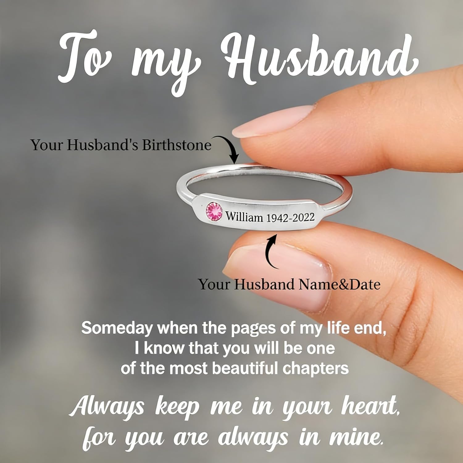 Personalized Birthstone Name Memorial Ring - Custom Engraved Date Dainty Ring for Women Men, Loss of Loved One Memory Jewelry Gift