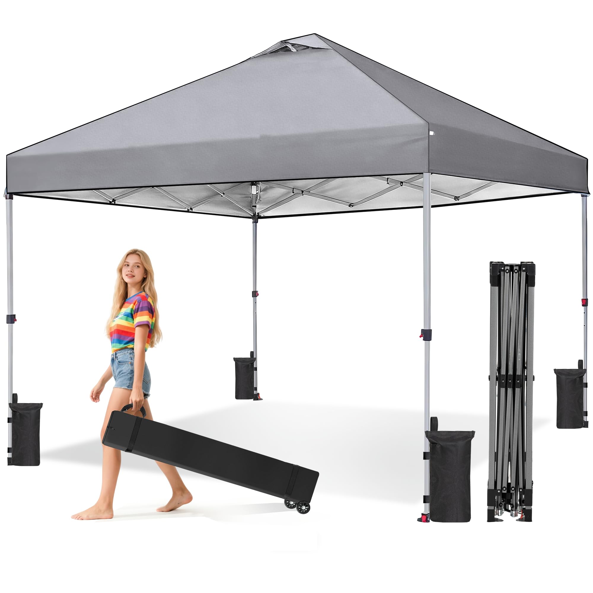 10x10 FT Pop Up Canopy, Easy Up Canopy Tent for Outdoor Patio, Backyard Parties Camping & Beach, Heavy Duty Instant Canopies with 1-Button Setup, 3 Adjustable Heights, UPF 50+ & Wheeled Bag — view 21