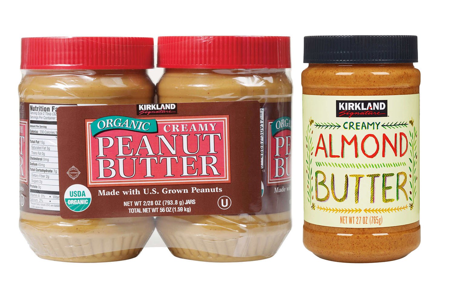 Kirkland Signature Organic Peanut Butter and Almond Butter Bundle - Includes Kirkland Signature Two Peanut Butter (28 oz. Each) and Almond Butter (27