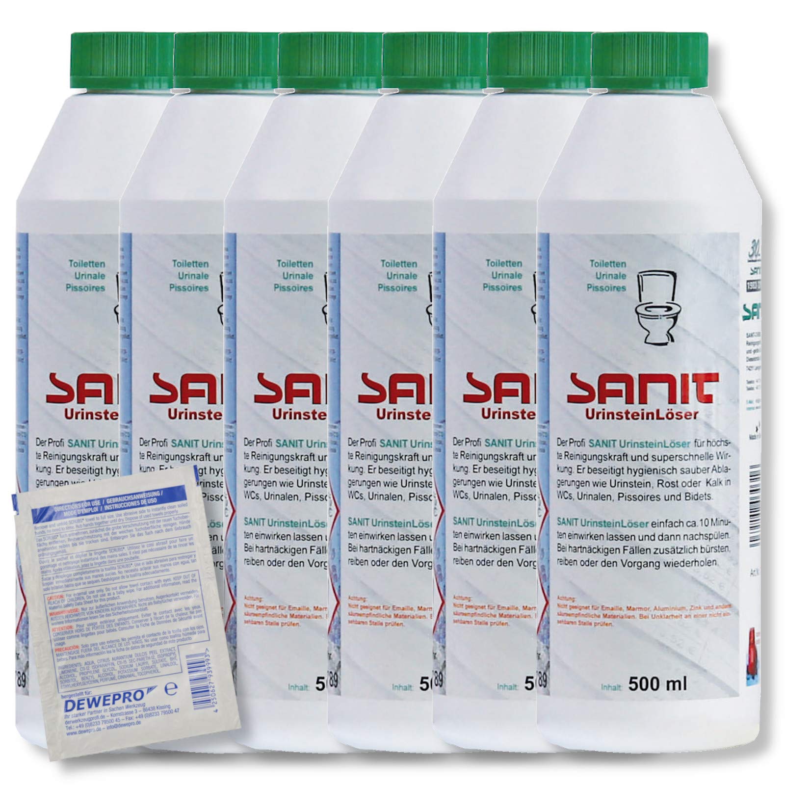 DEWEPRO Set: SANIT Urinsteinlöser 3031-6 Flaschen à 500ml - der Profi WC Reiniger extra stark - Kalklöser - höchste Reinigungskraft, inkl. 1 St. DEWEPRO® Single Scrubs