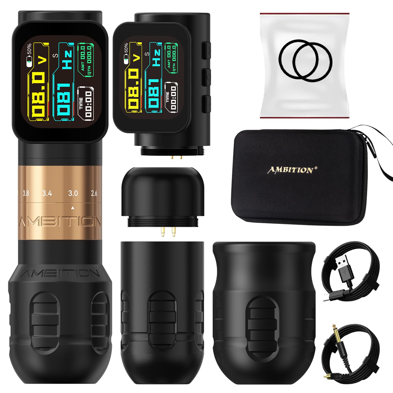 Ambition Seher Pro Tattoo Gun Wireless Tattoo Pen Machne with Dual 2400mAh Billing Function Battery, Adjustable Stroke Rotary Coreless Motor 42mm Grip Tattoo Supply for Professional Artists