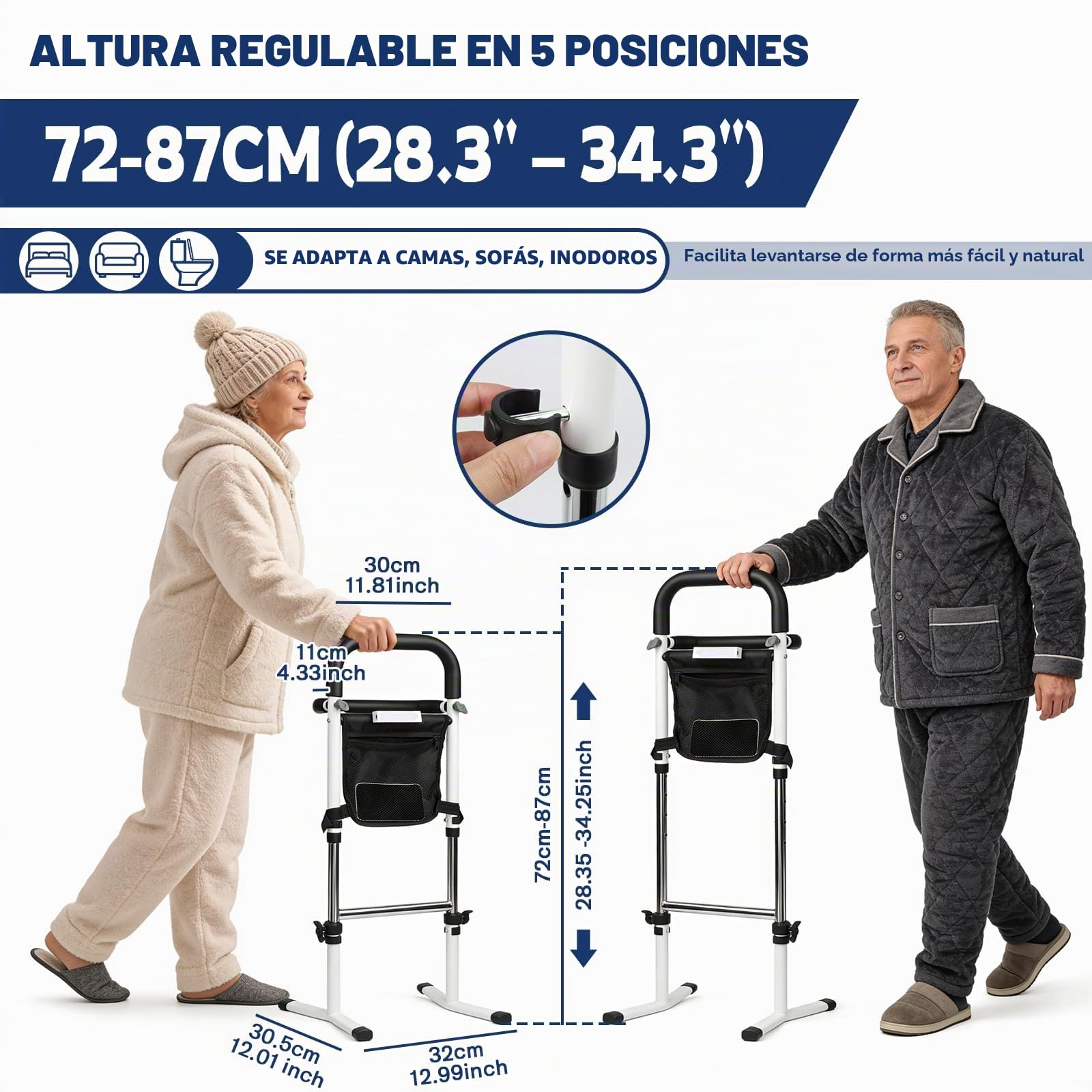 Soporte de Ayuda para Levantarse para Personas Mayores con Barandales Duales, Ayuda de Pie con Luz con Sensor y Bolsa, Altura Ajustable (72-87cm), para Inodoro, Cama y Sofá, Capacidad 136kg