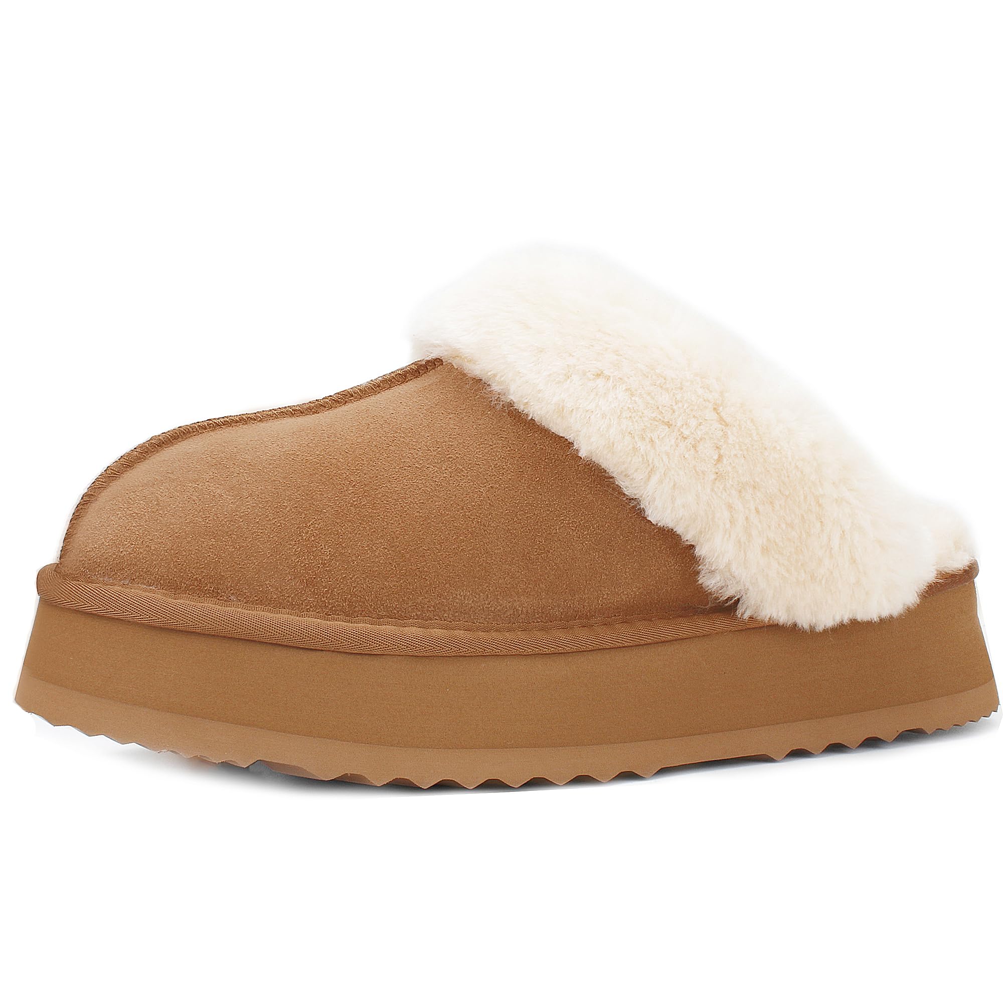Platform Slippers for Women Indoor Outdoor Suede Leather Fuzzy House Shoes