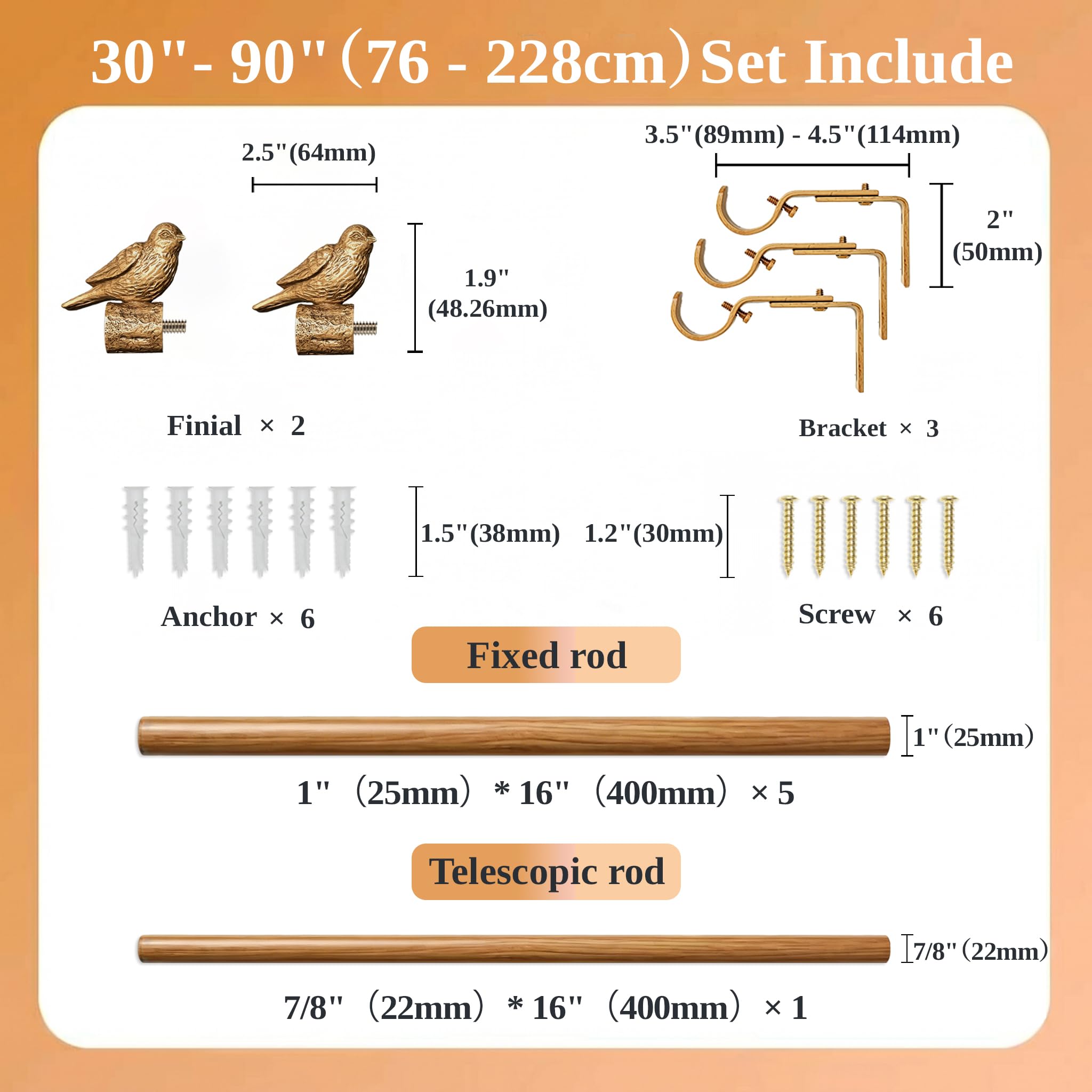 Tringle à Rideau Décorative Aspect Bois Télescopique avec Embout Oiseau, réglable 76-228cm tringle Métal pour fenêtres standard salon chambre cuisine baie vitrée, 25mm, supporte 13,6 kg