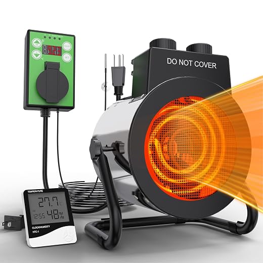Buyplus Greenhouse Heater with Digital Thermostat, 1500W Outdoor Heaters for Patio, 3S Fast Heating & Overheat Protection, Electric Space Heater for Greenhouse, Patio, Garage, Grow Tent, Silver