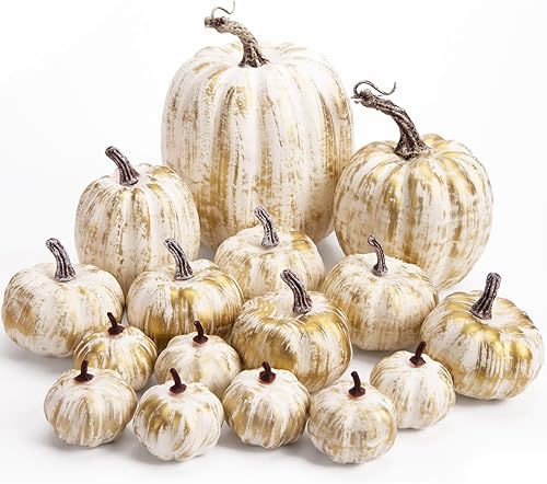 DomeStar 16 calabazas artificiales doradas, calabazas falsas surtidas, calabazas de cosecha de otoño, pequeñas calabazas doradas de imitación para