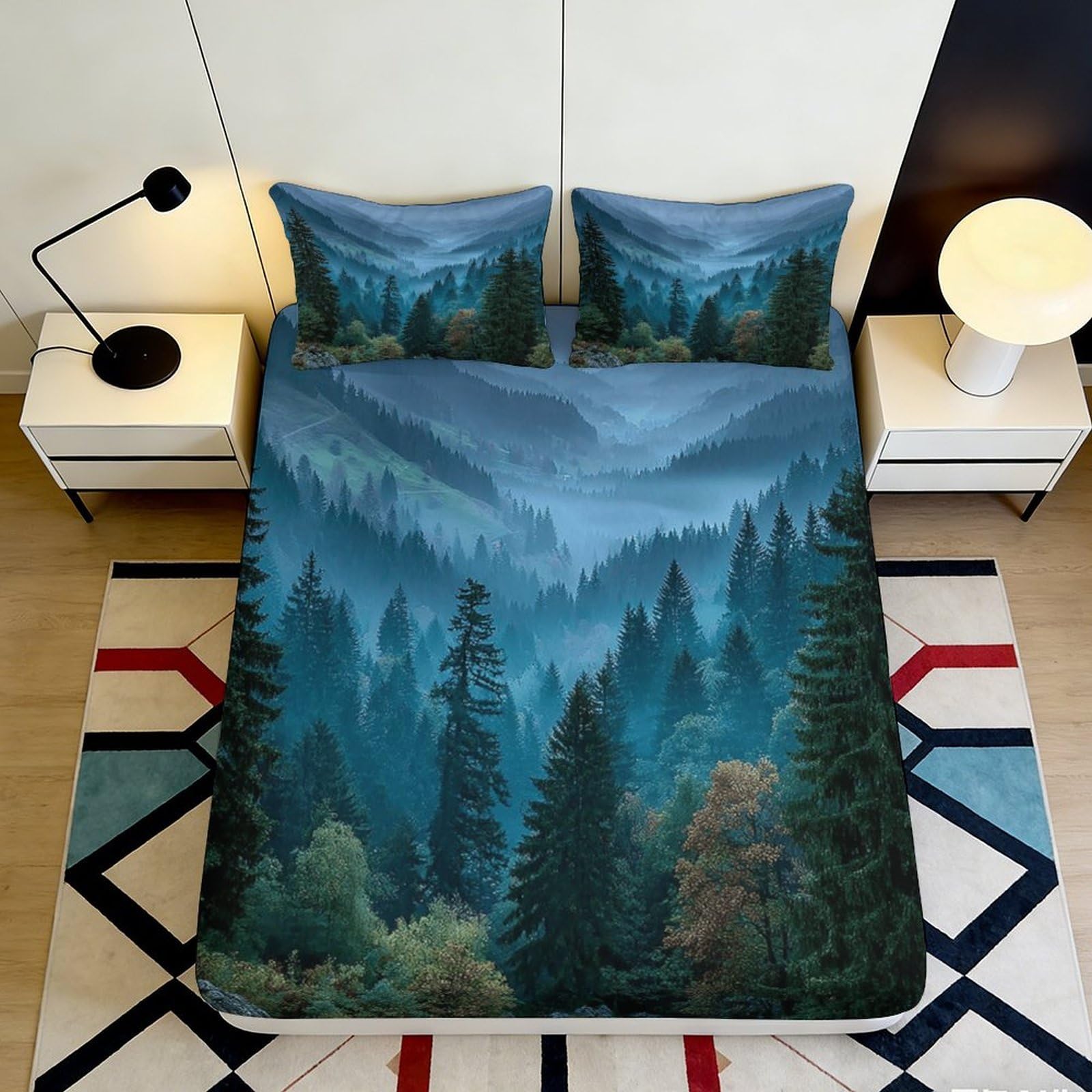 3D Printed Misty Forest Fitted Sheet Microfiber Soft Breathable Mountain Landscape Mattress Cover for Bedroom Dormitory Guest Room Mattress Protection 140x200x25cm
