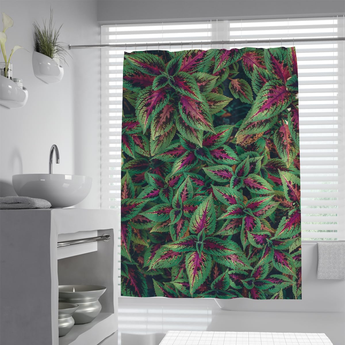 UIRINGART Colorful Coleus Leaves Shower Curtain W150xL180cm Exotic Purple Green Plant Waterproof Mildew Resistant Bathroom Drape with Hooks