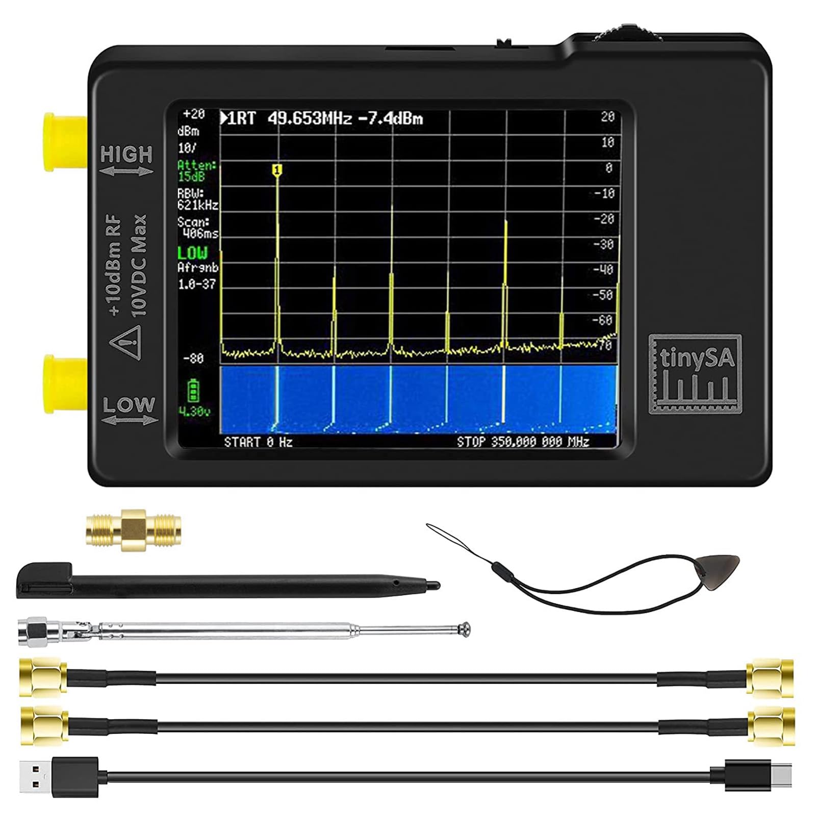 Analizzatore di spettro portatile AURSINC V0.3.1, 100 kHz-960 MHz, FM/MF/HF/VHF/UHF, touchscreen 2,8 pollici, protezione ESD