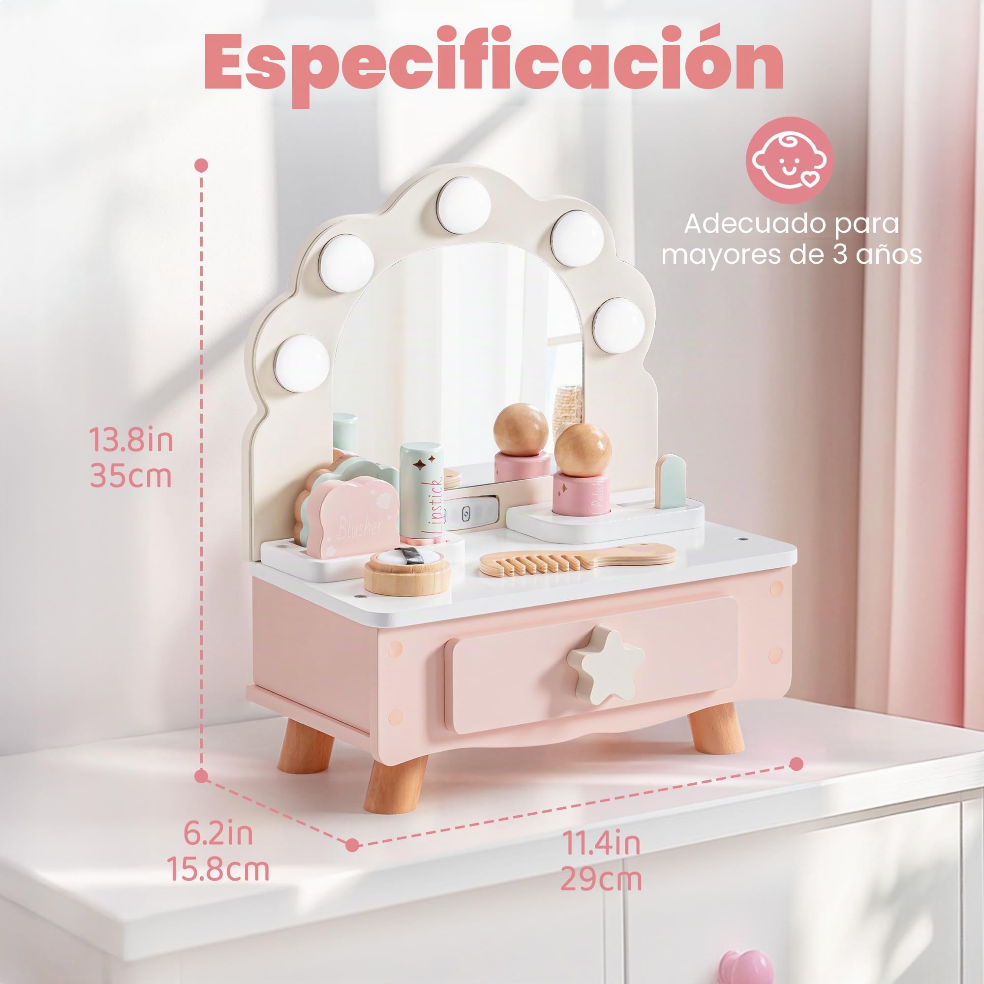 ROBOTIME Juego de maquillaje de madera para niñas, tocador rosa, espejo con luz, cosméticos falsos, juguete de rol