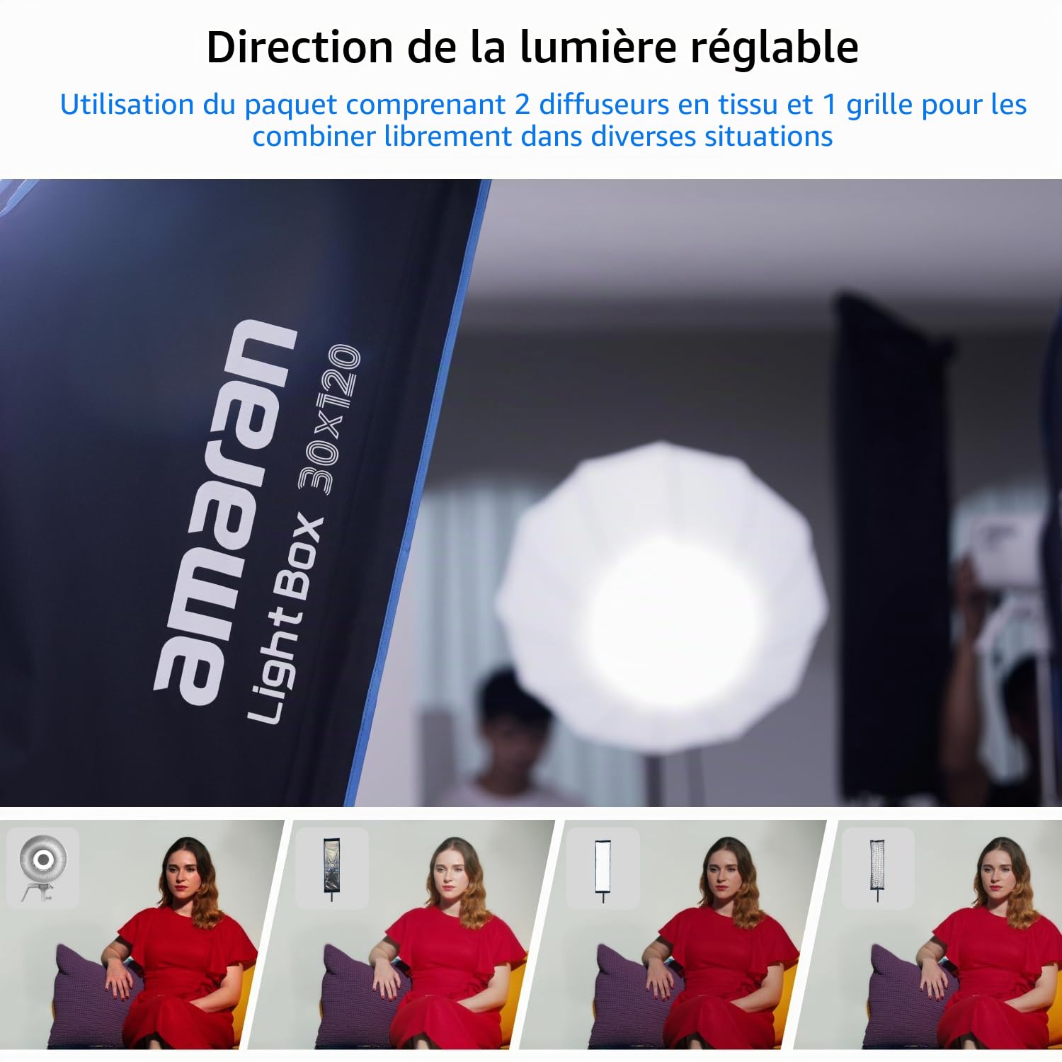 Amaran Light Box 30x120cm Softbox à Monture Bowens, Modeleur de Lumière Rectangulaire Étroit à Installation Rapide avec Diffusion & Grille pour Portraits & Vidéo, Portable avec Sac