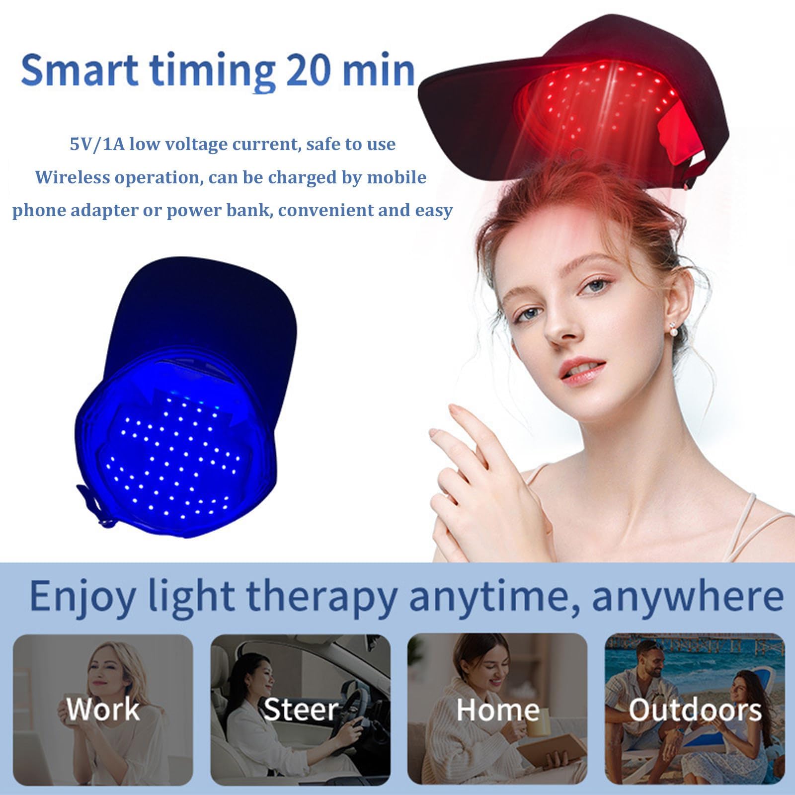 Cappello per terapia a luce rossa per ricrescita dei capelli (160 LED), 660 nm 460 nm 850 nm, luce rossa e blu, cronometraggio intelligente 20 minuti, promuove la circolazione/immunità alla calvizie