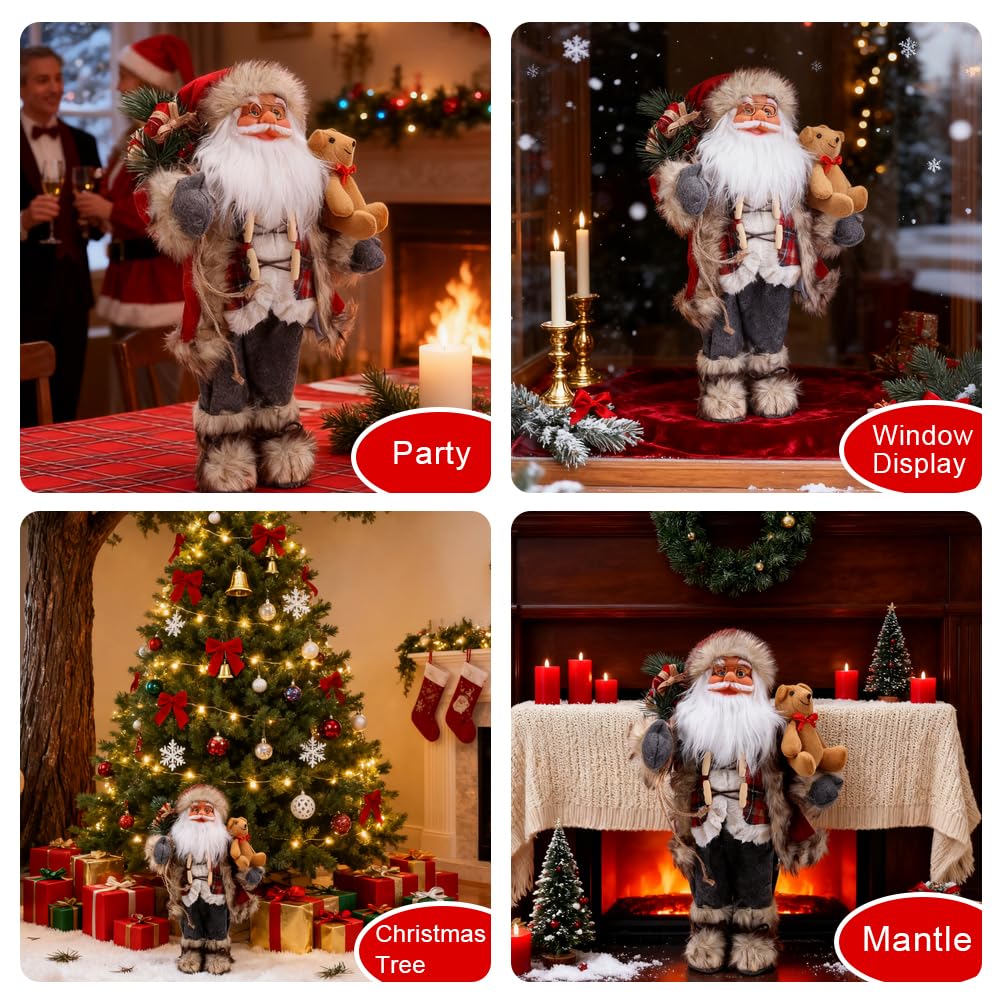 Grande décoration de Père Noël debout - Figurine de Noël debout - Décoration de Noël d'intérieur - Fausse fourrure - Figurine de Père Noël debout traditionnelle pour table de vacances - 45,7 cm